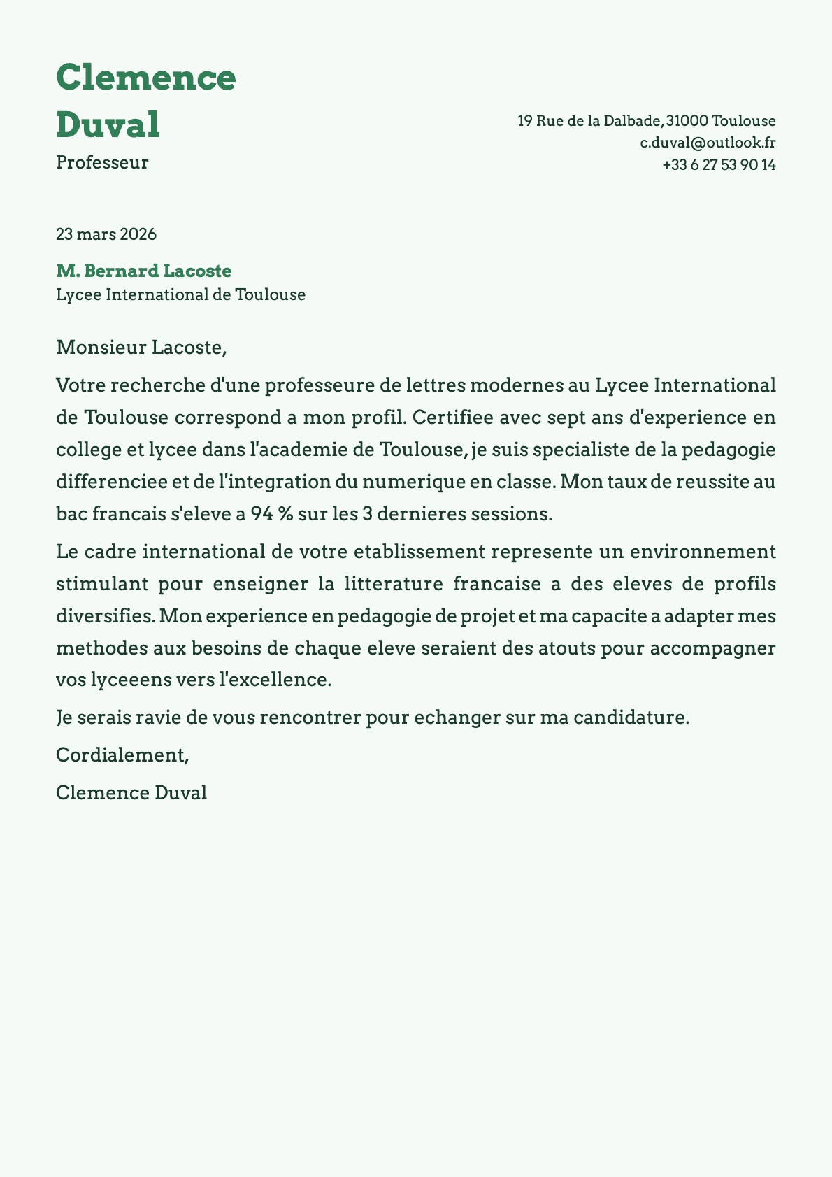 Professeur cover letter example