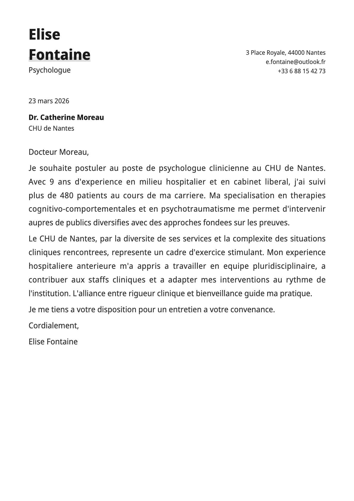 Psychologue cover letter example
