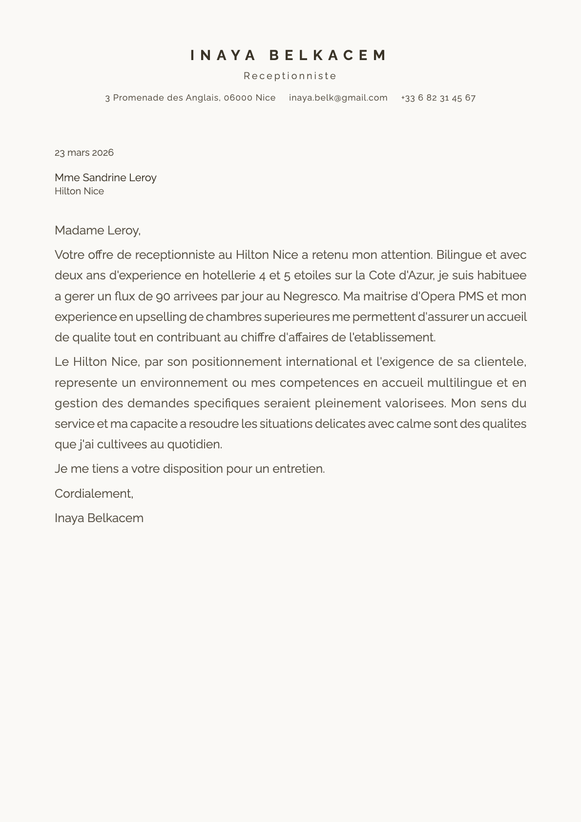 Réceptionniste cover letter example
