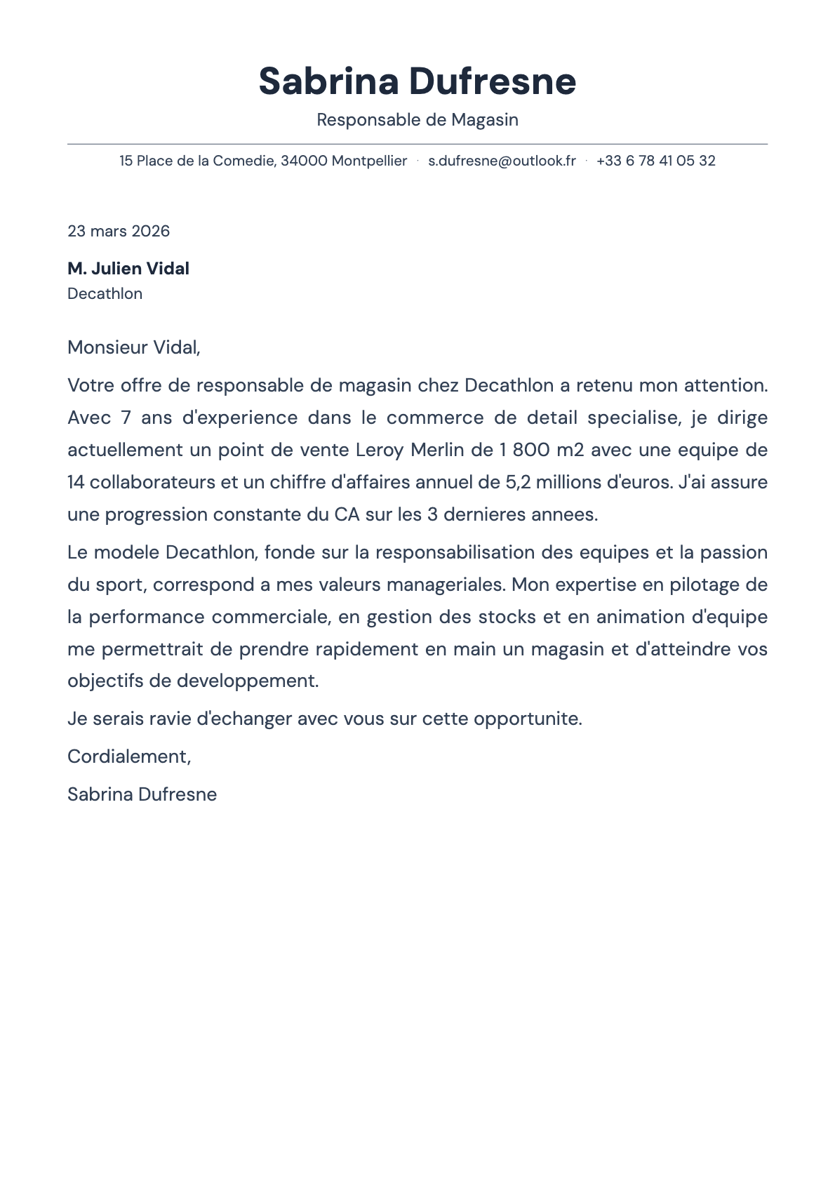 Responsable de Magasin cover letter example