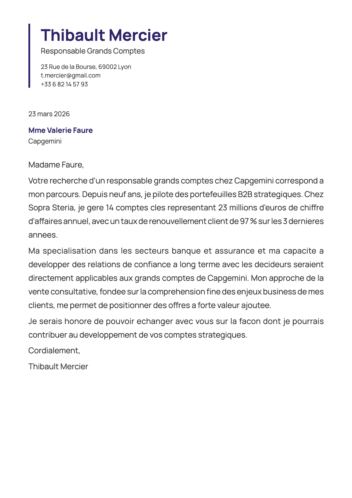 Responsable Grands Comptes cover letter example