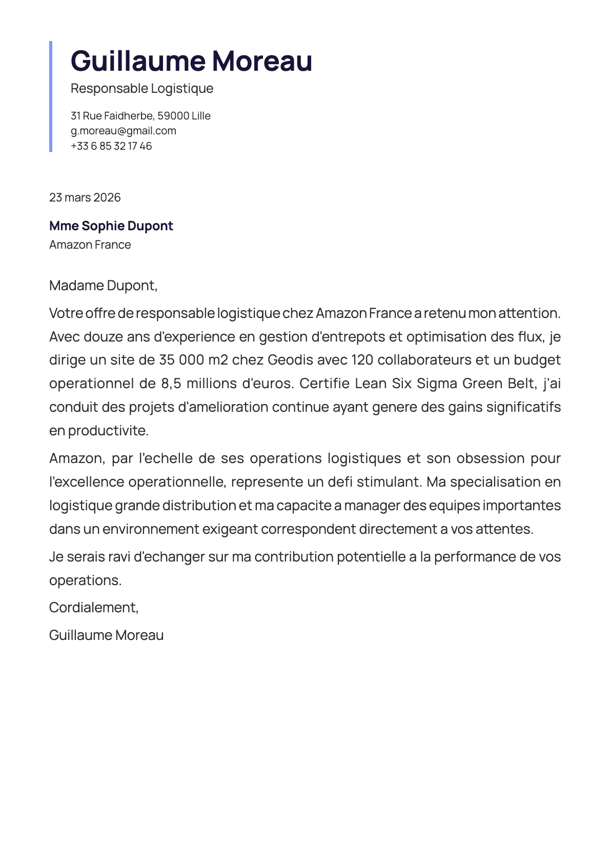 Responsable Logistique cover letter example