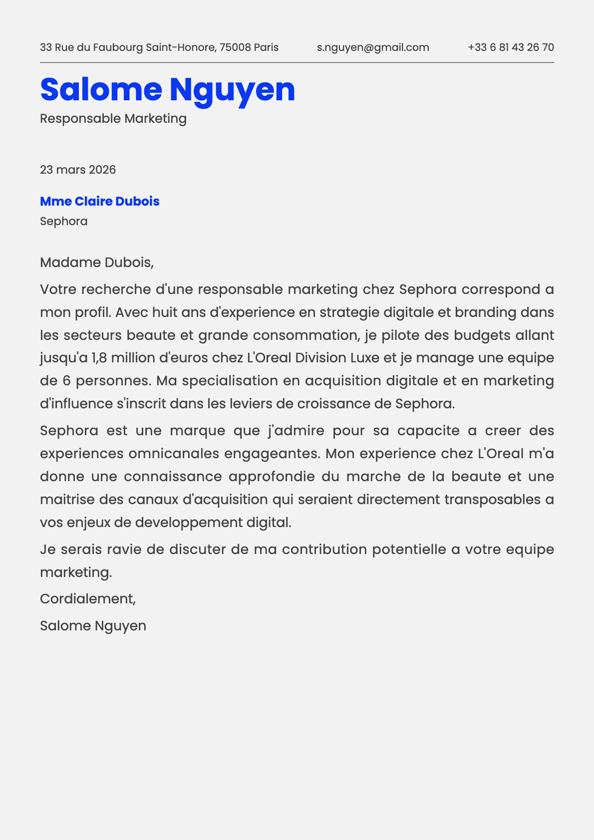 Responsable Marketing cover letter example
