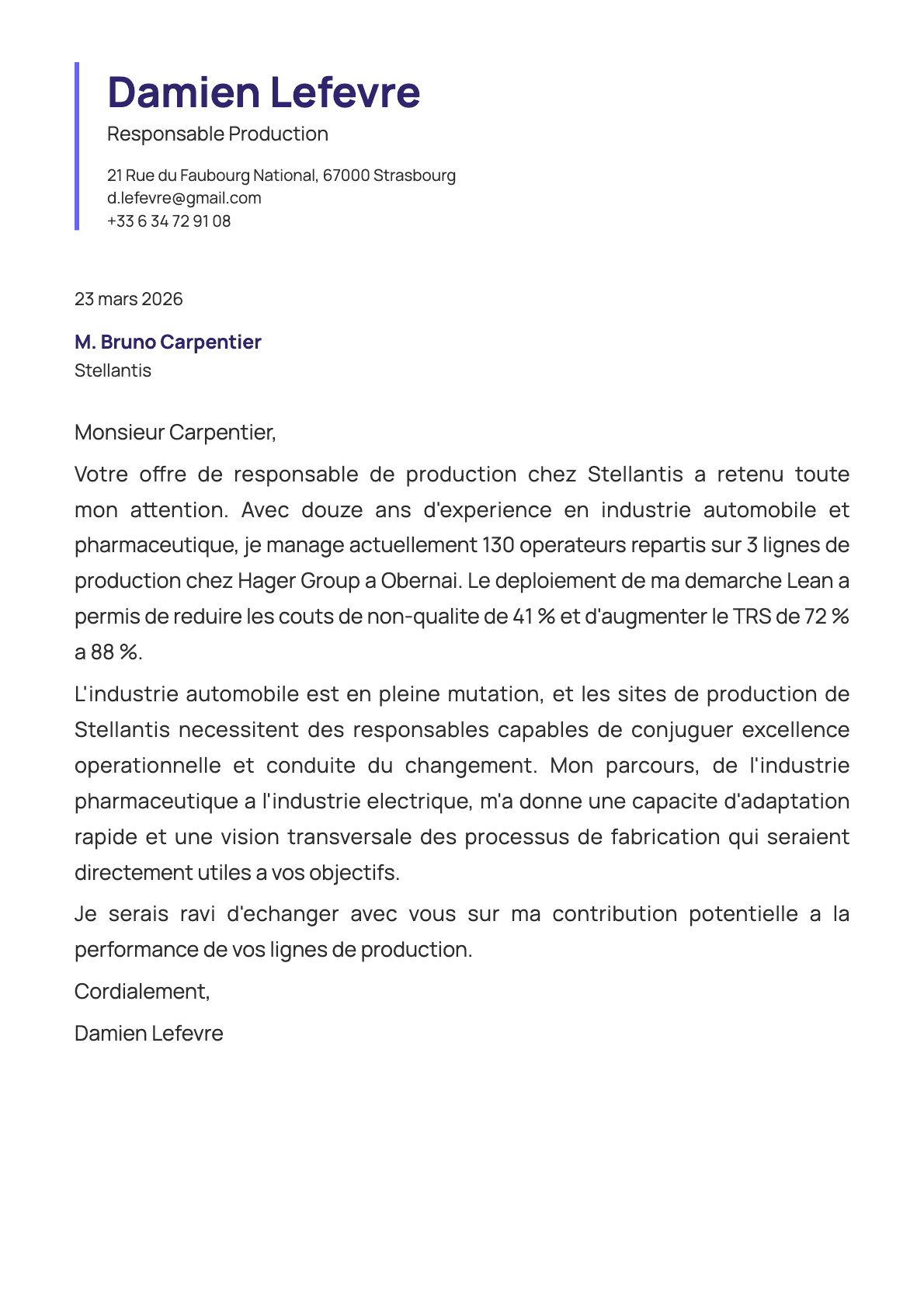 Responsable Production cover letter example