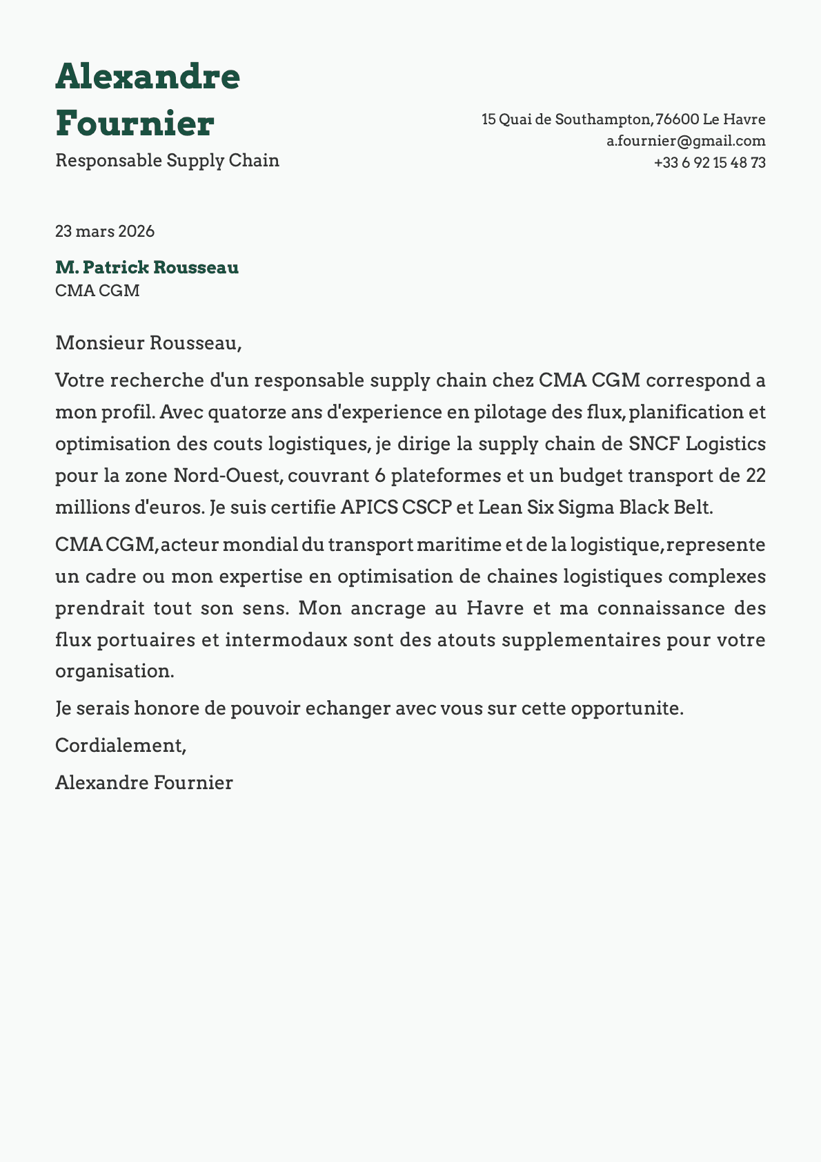 Responsable Supply Chain cover letter example