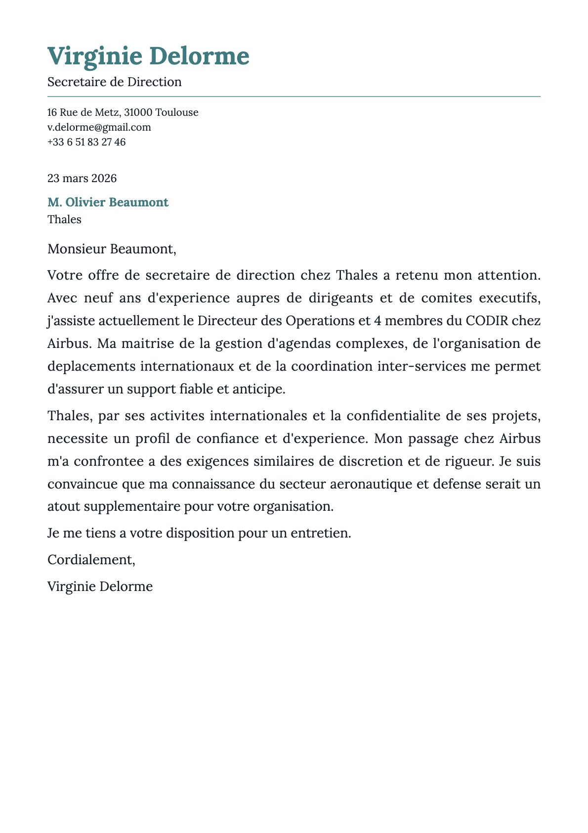 Secretaire de Direction cover letter example