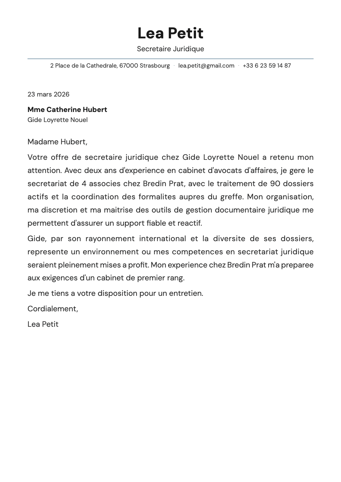 Secretaire Juridique cover letter example