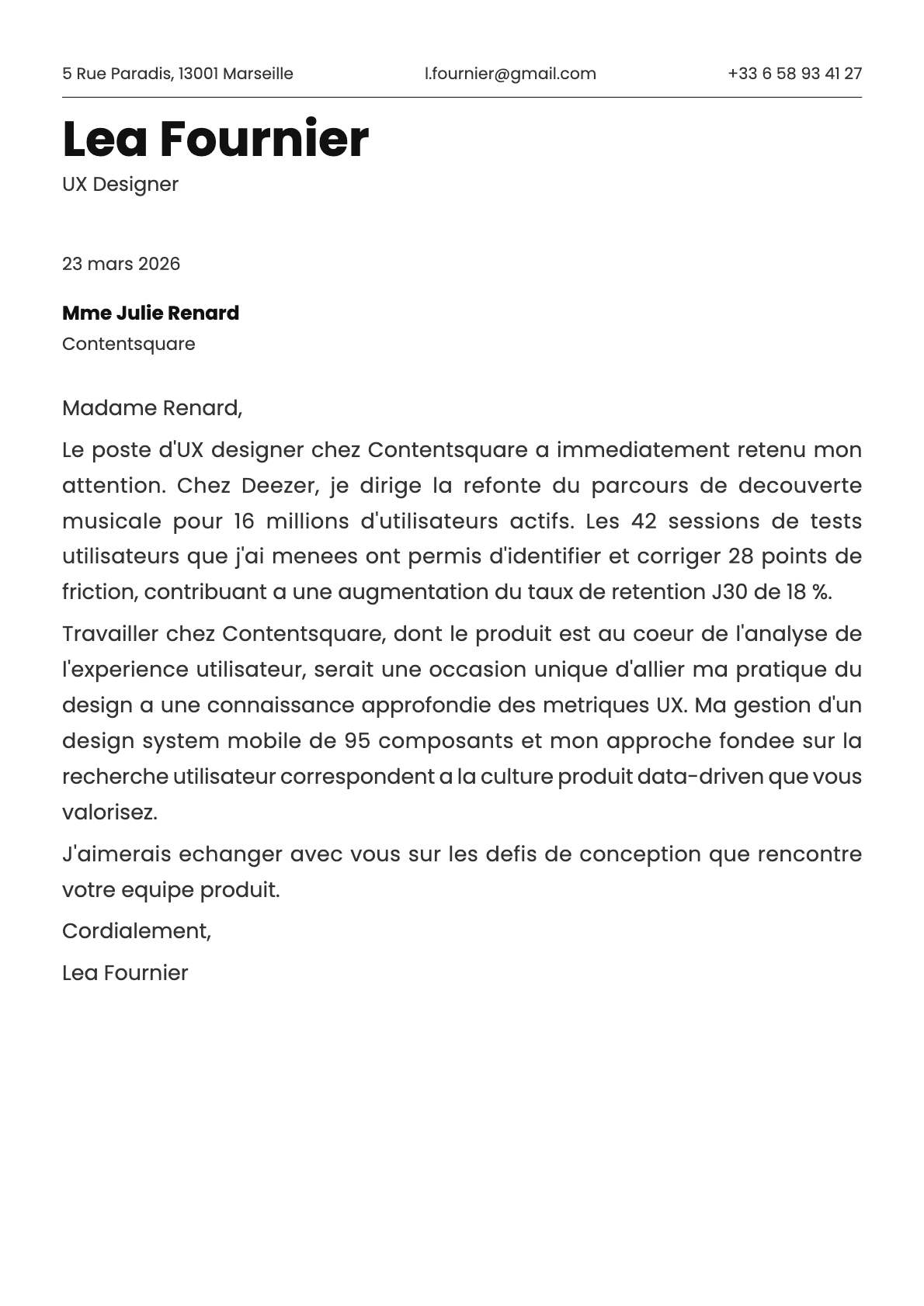 UX Designer cover letter example