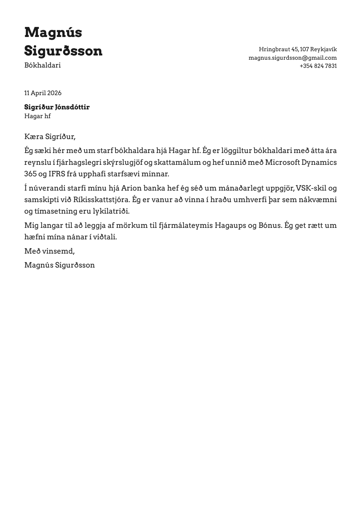 Bókhaldari cover letter example