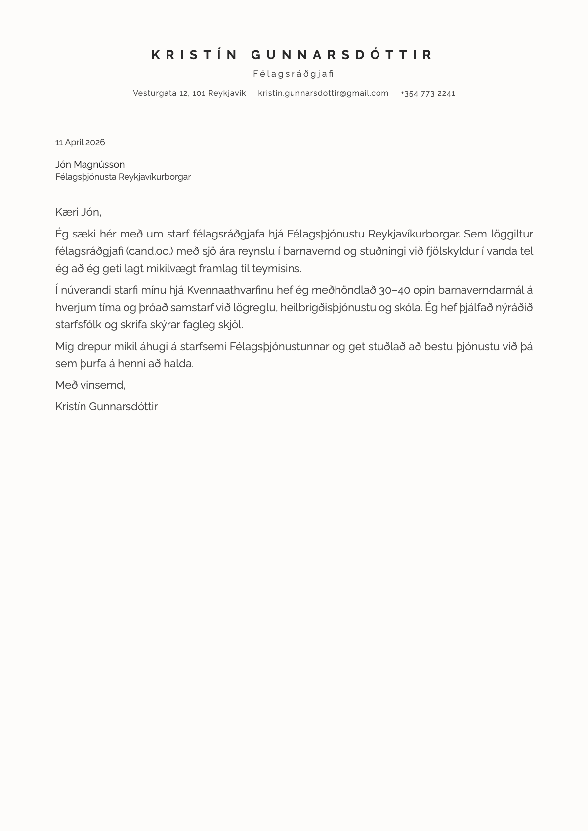 Félagsráðgjafi cover letter example
