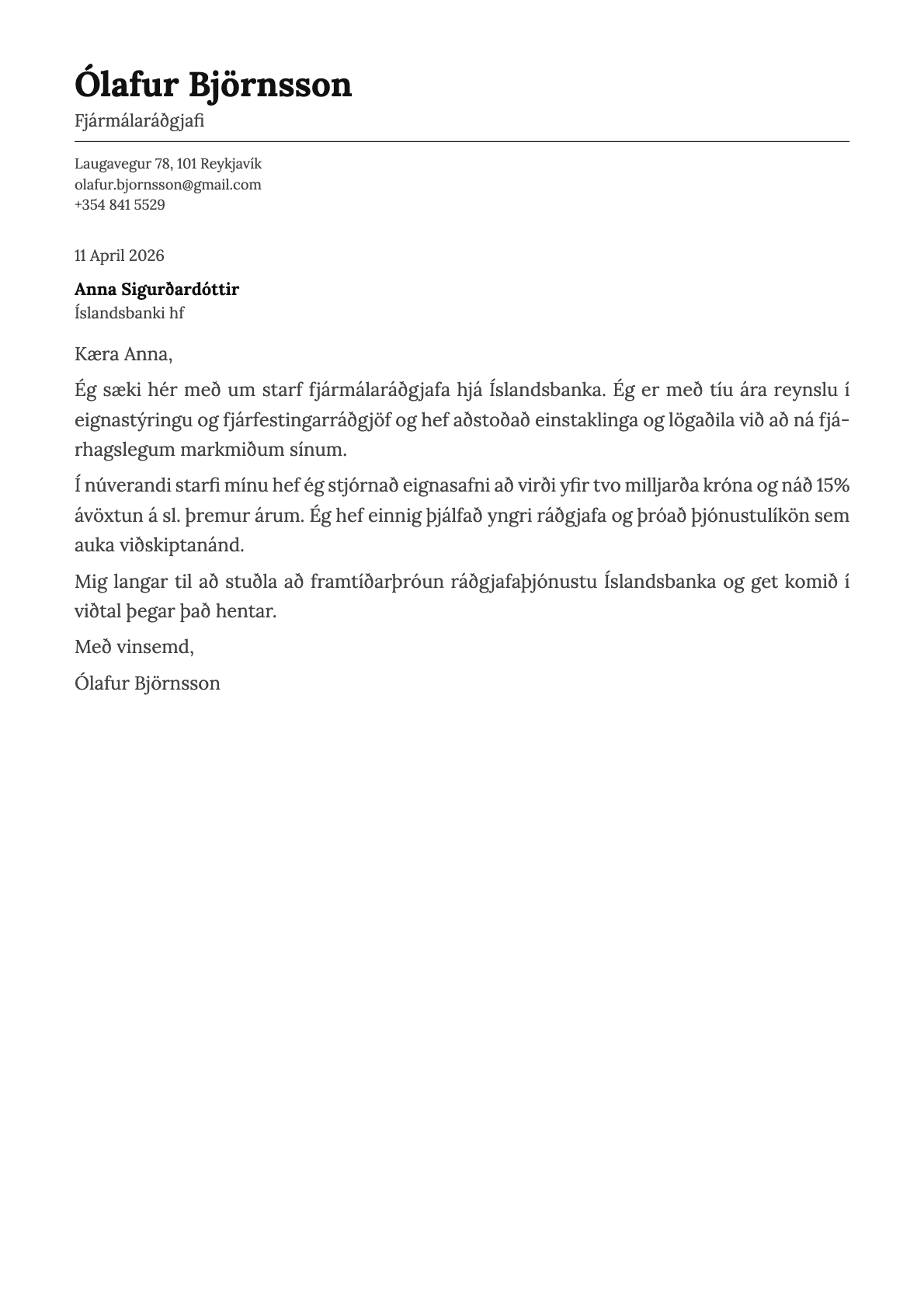 Fjármálaráðgjafi cover letter example