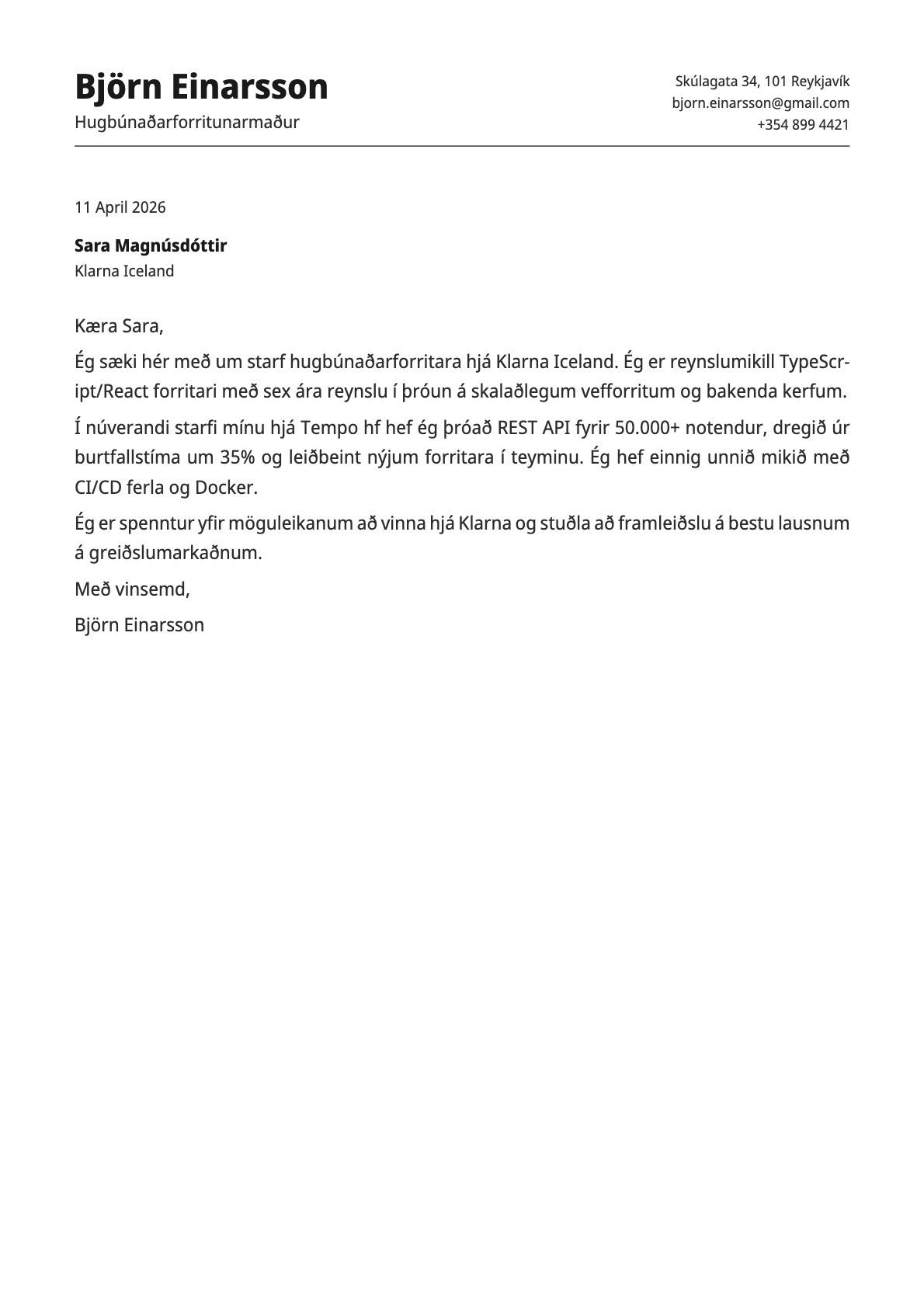 Forritari cover letter example