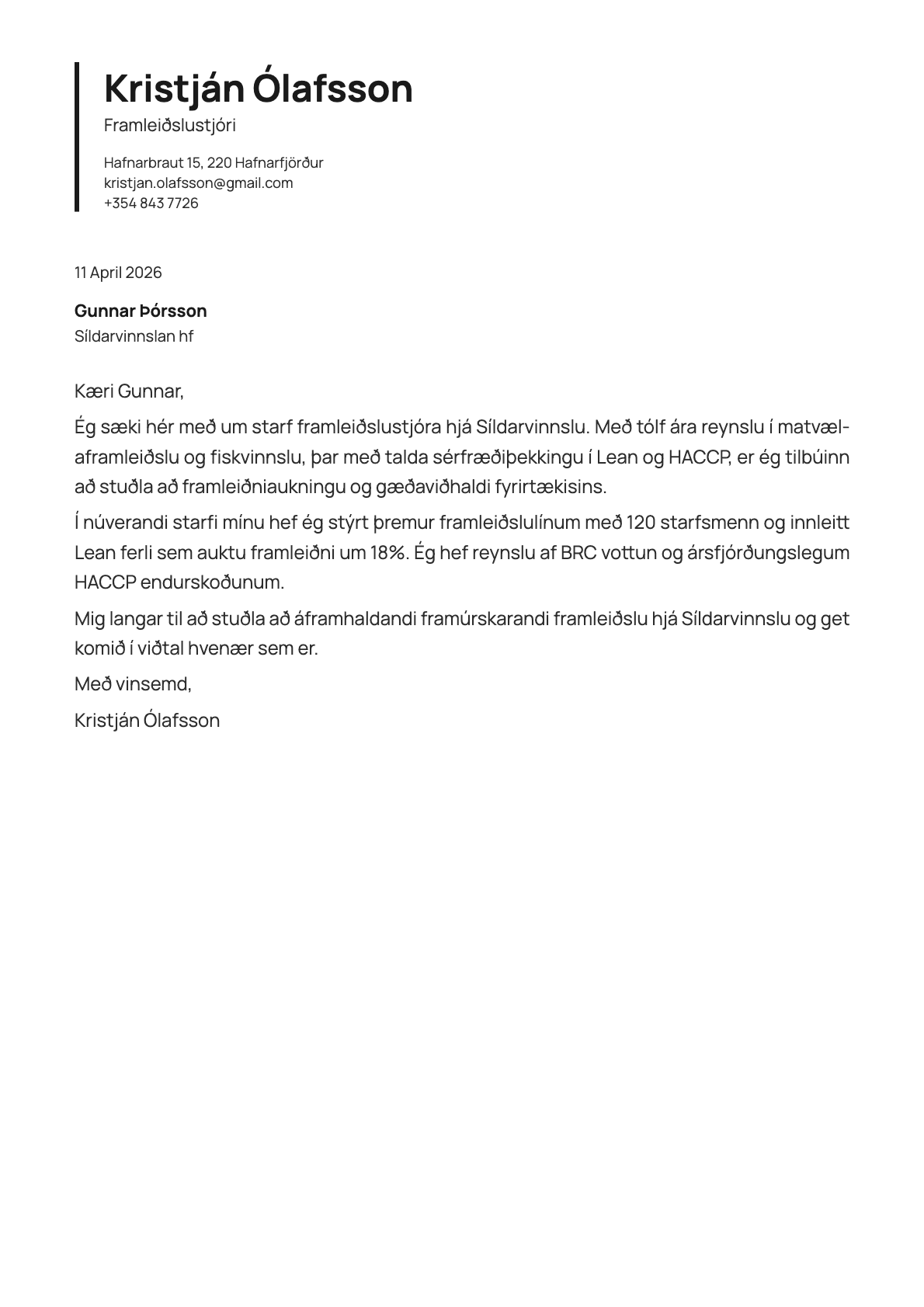 Framleiðslustjóri cover letter example