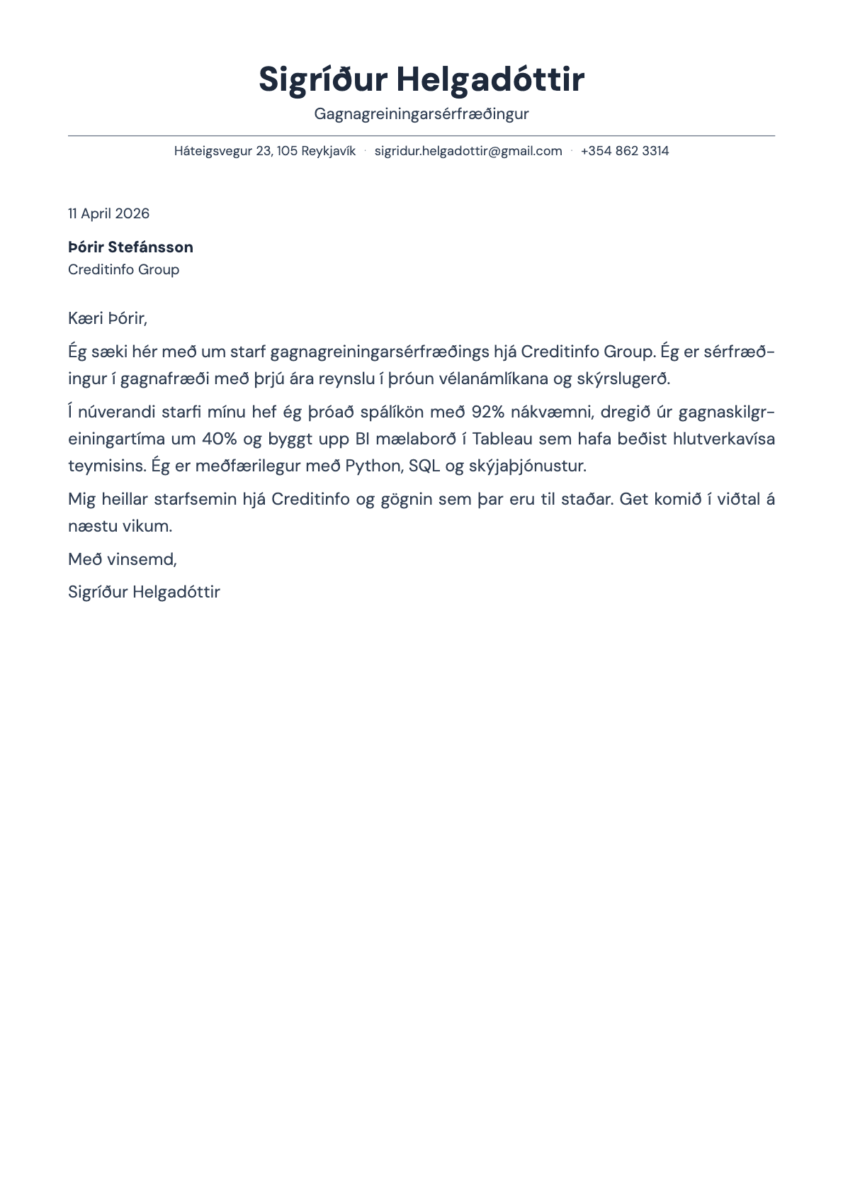 Gagnagreinir cover letter example