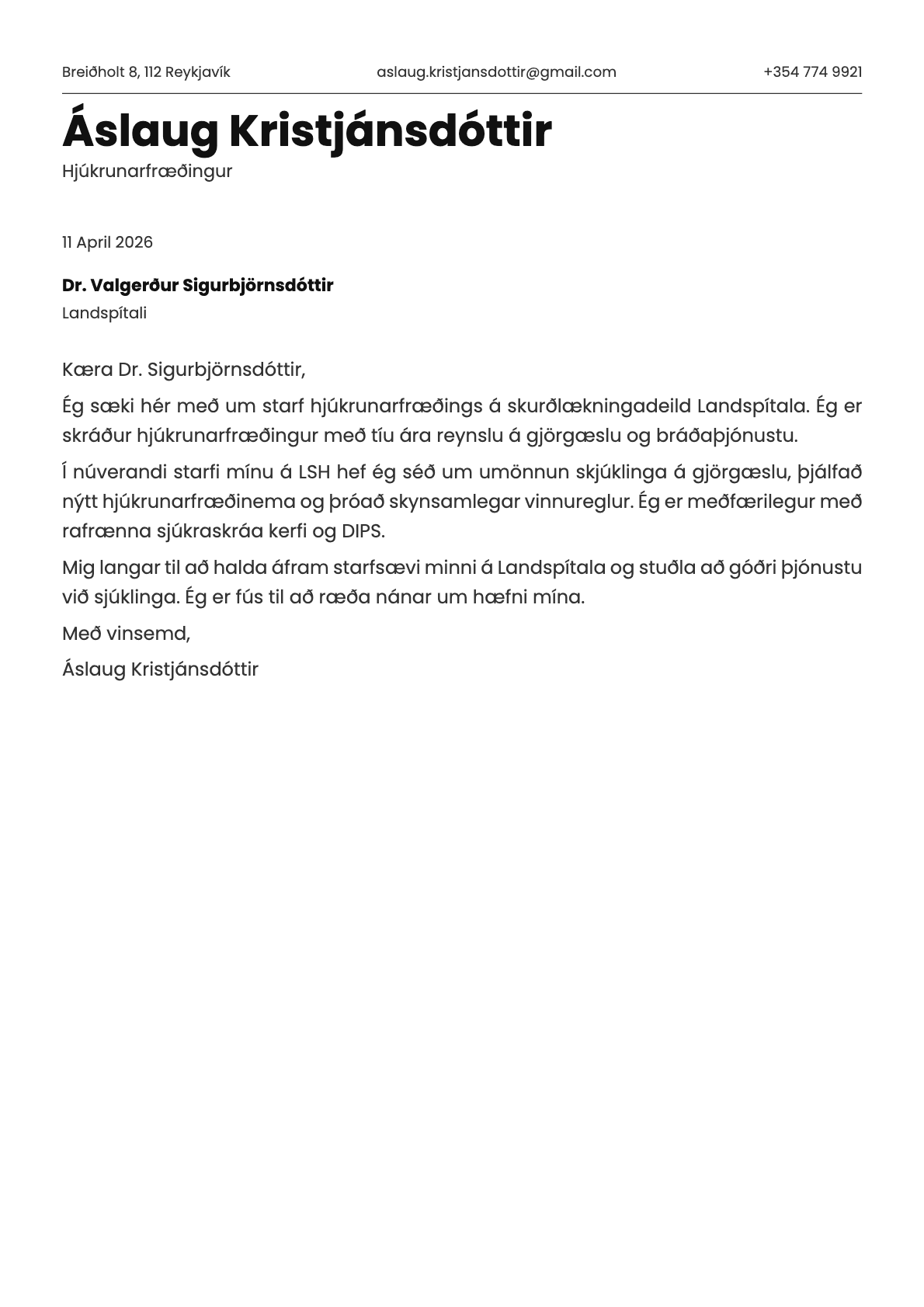 Hjúkrunarfræðingur cover letter example
