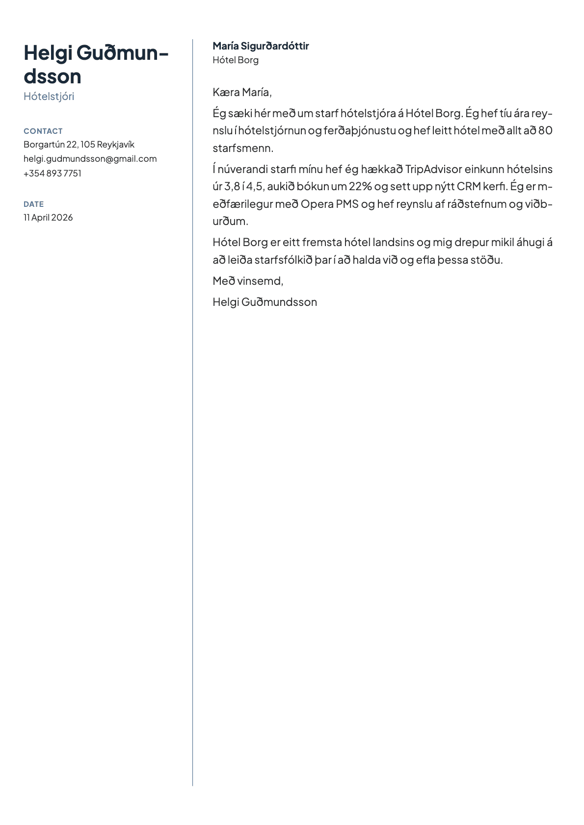 Hótelstjóri cover letter example