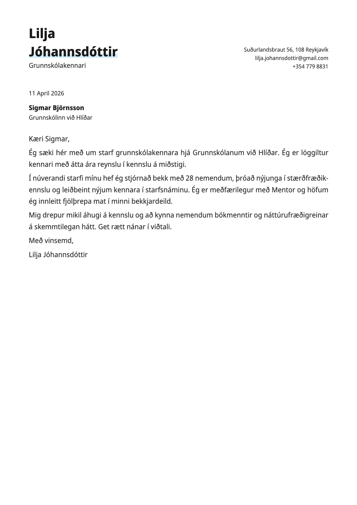 Kennari cover letter example