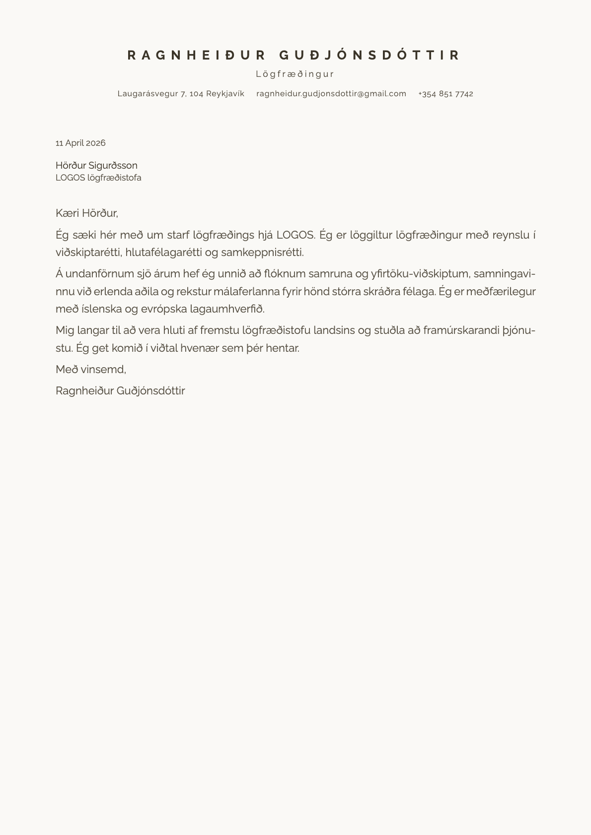 Lögfræðingur cover letter example