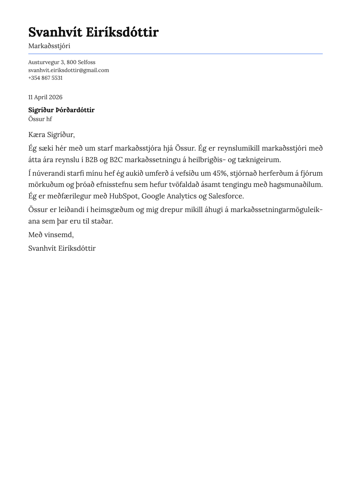Markaðsstjóri cover letter example
