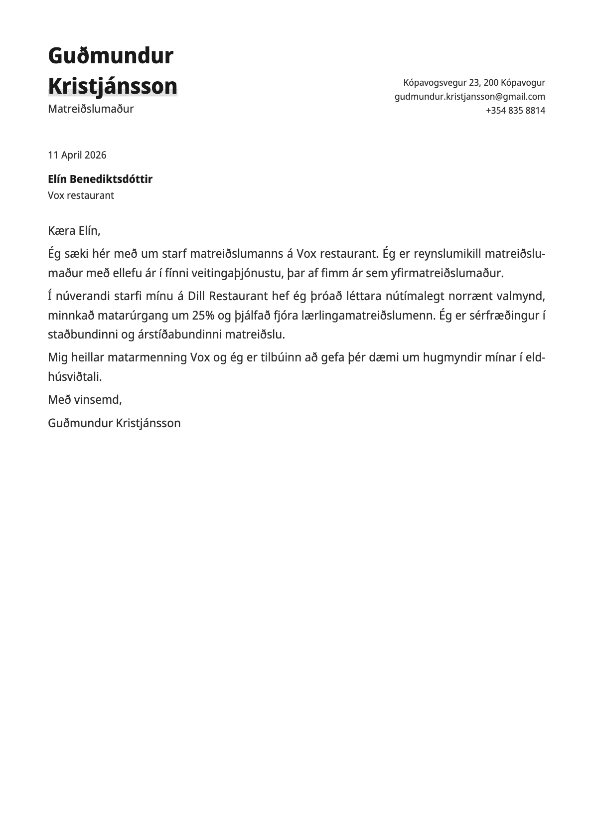 Matreiðslumaður cover letter example