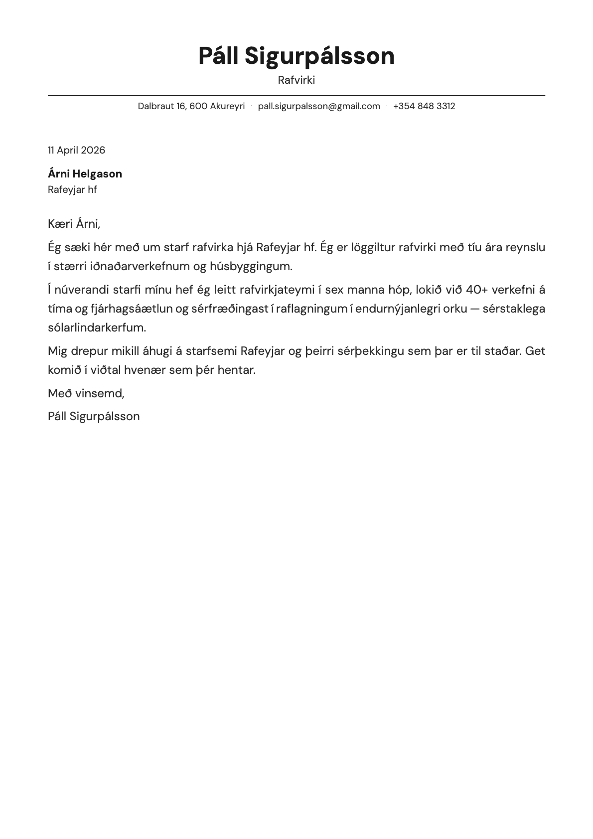 Rafvirkjinn cover letter example