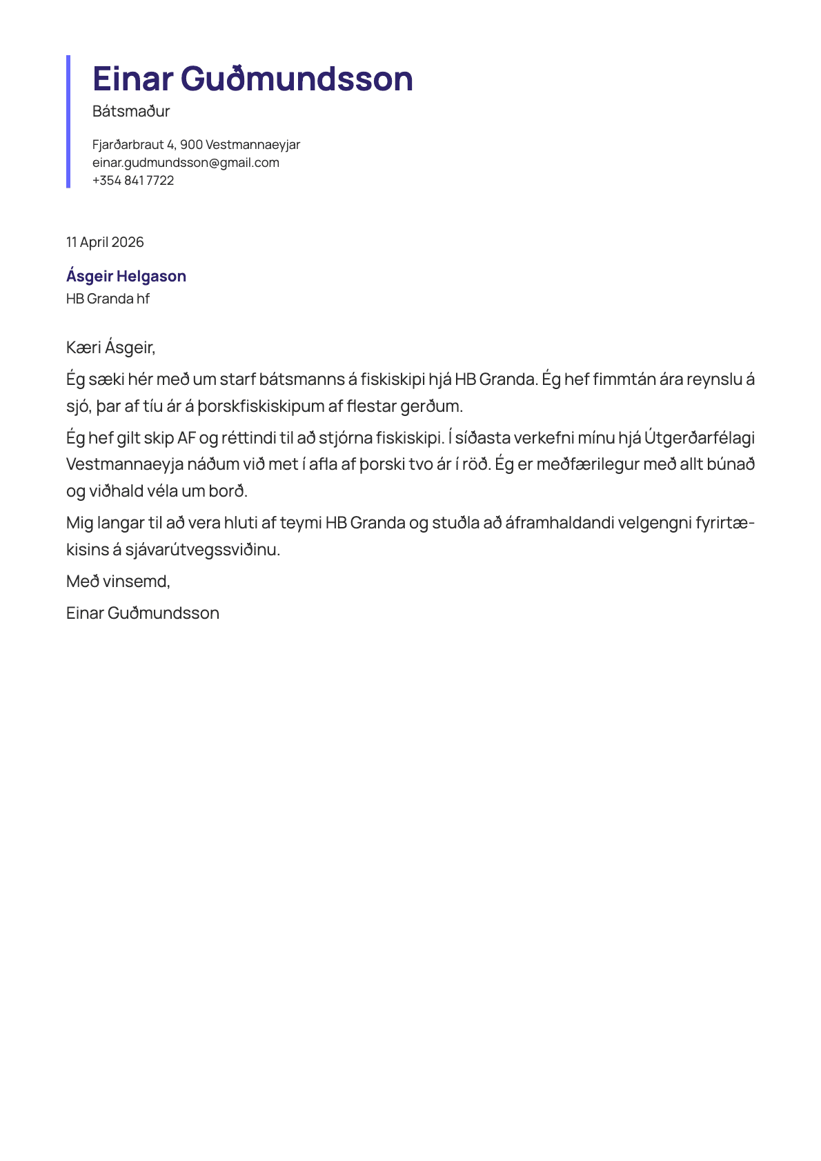 Sjómaður cover letter example