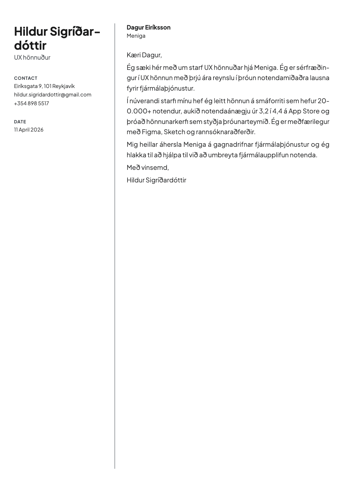 UX-hönnuður cover letter example