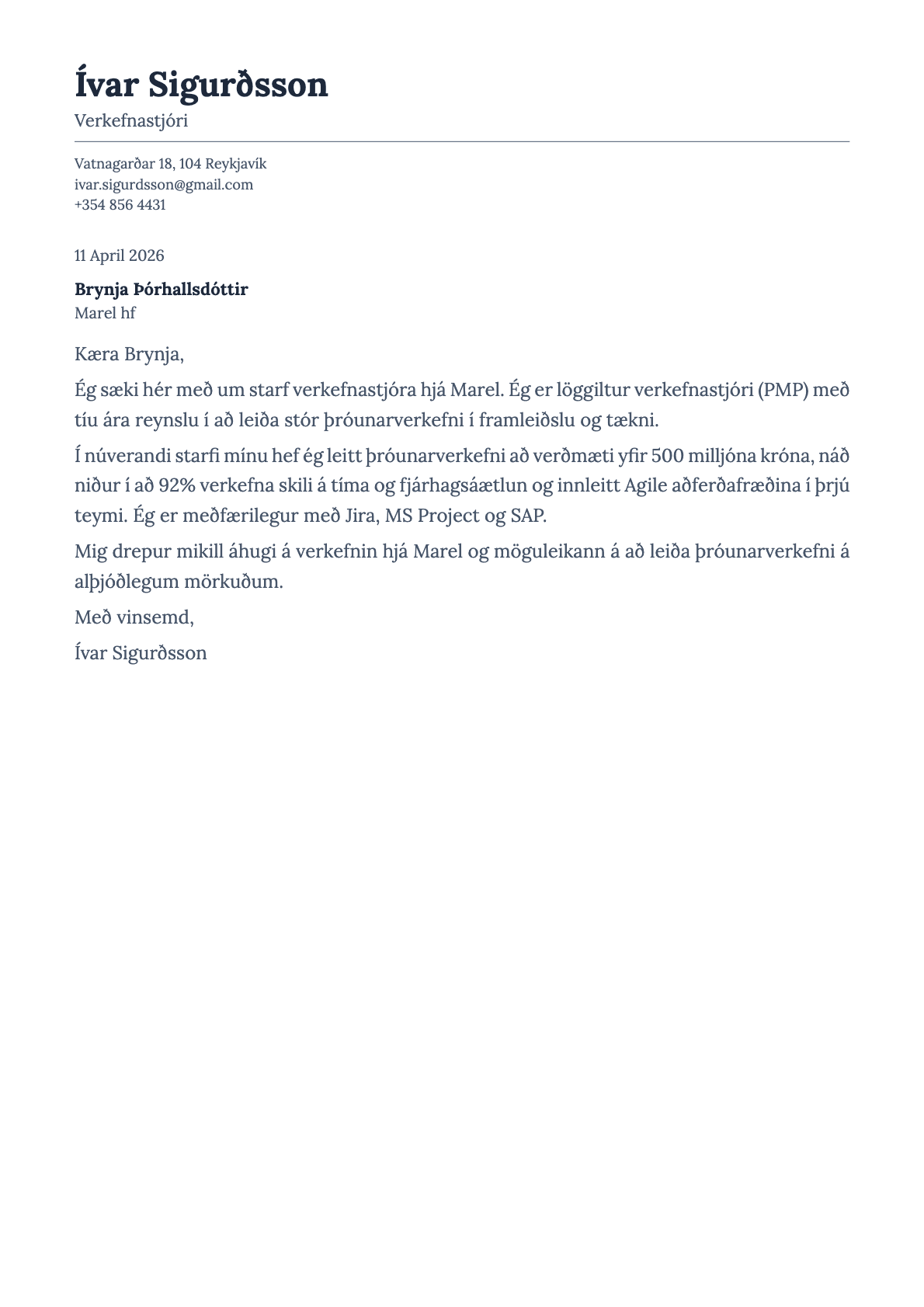 Verkefnastjóri cover letter example