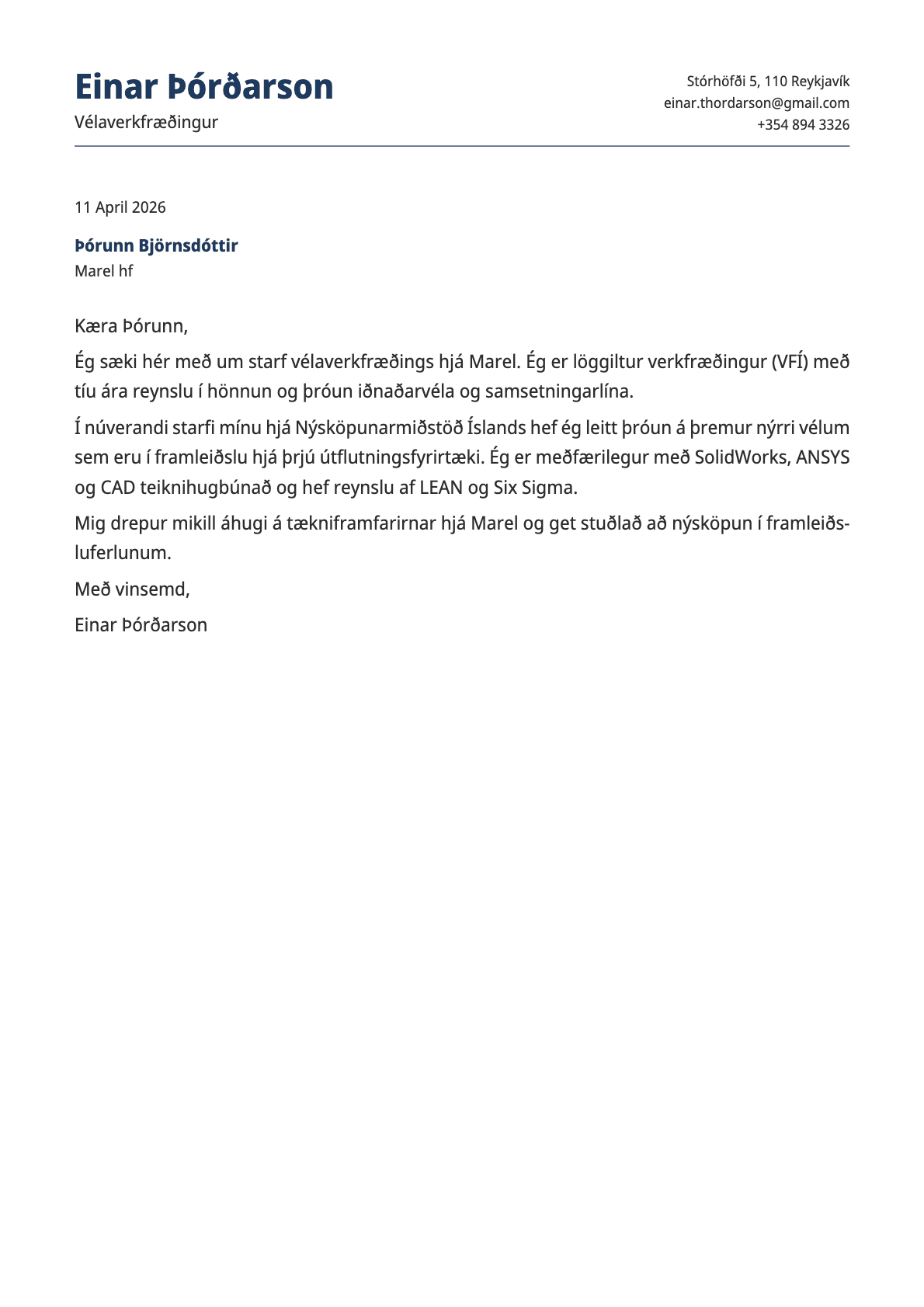 Verkfræðingur cover letter example