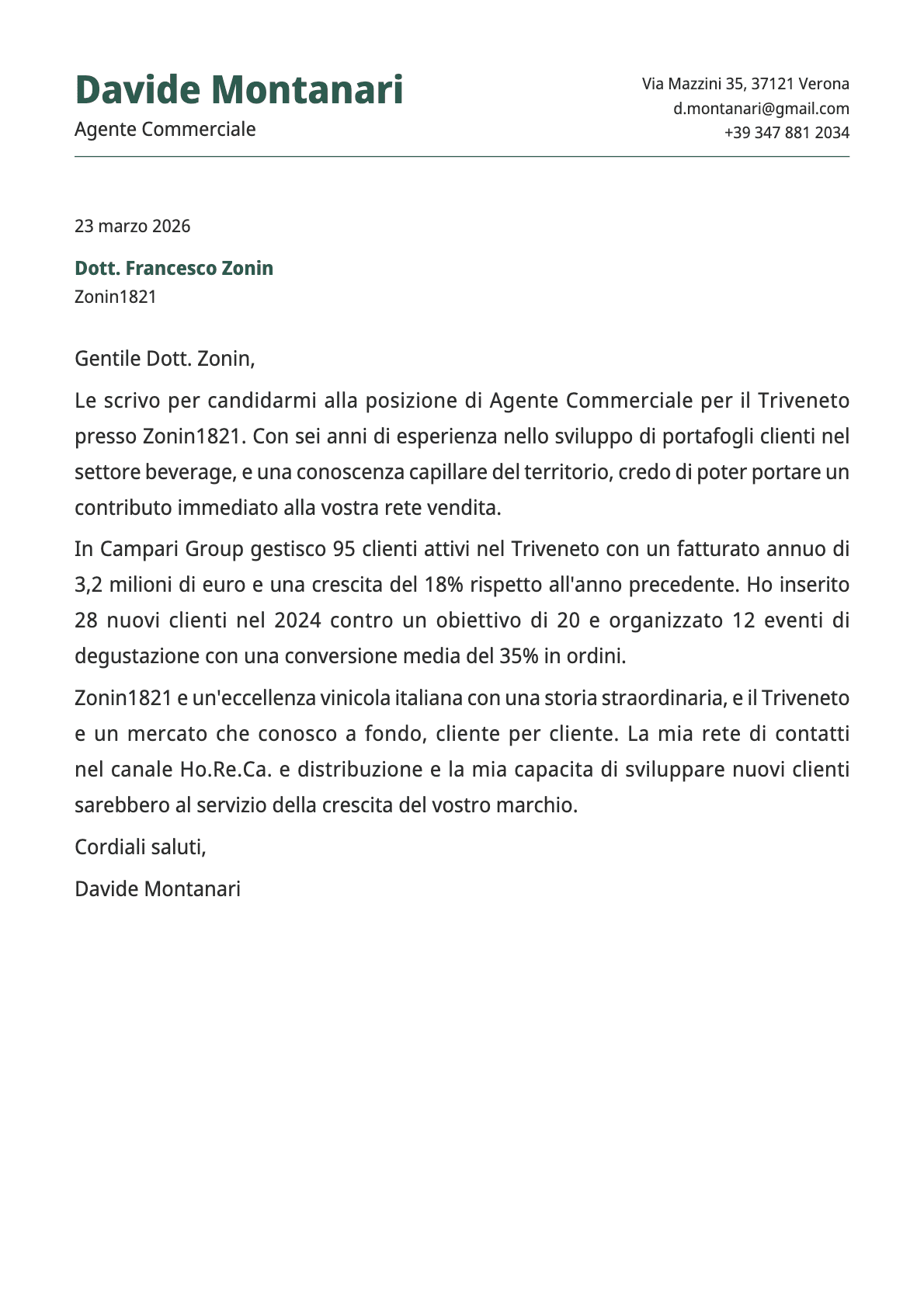 Agente Commerciale cover letter example