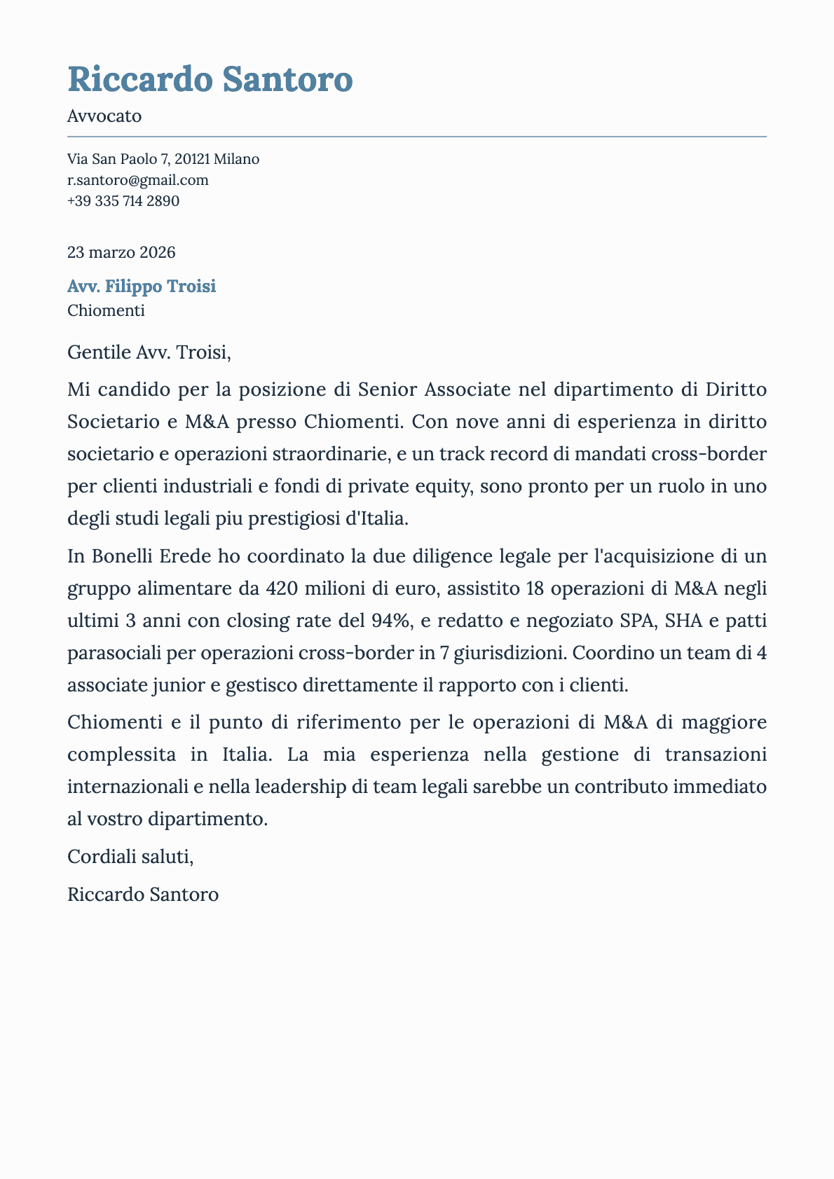Avvocato cover letter example