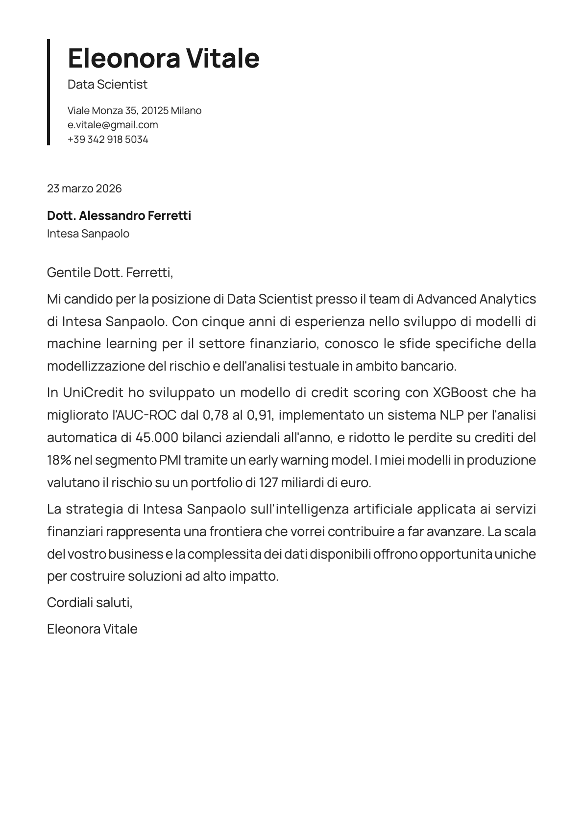 Data Scientist cover letter example