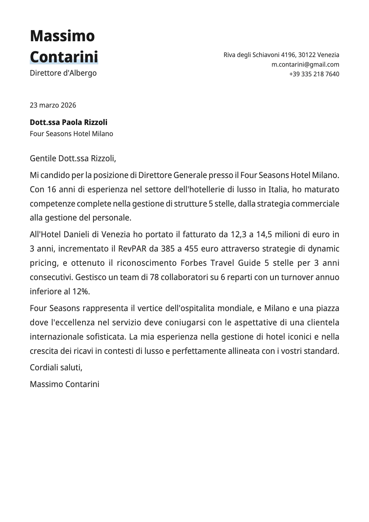 Direttore d'Albergo cover letter example