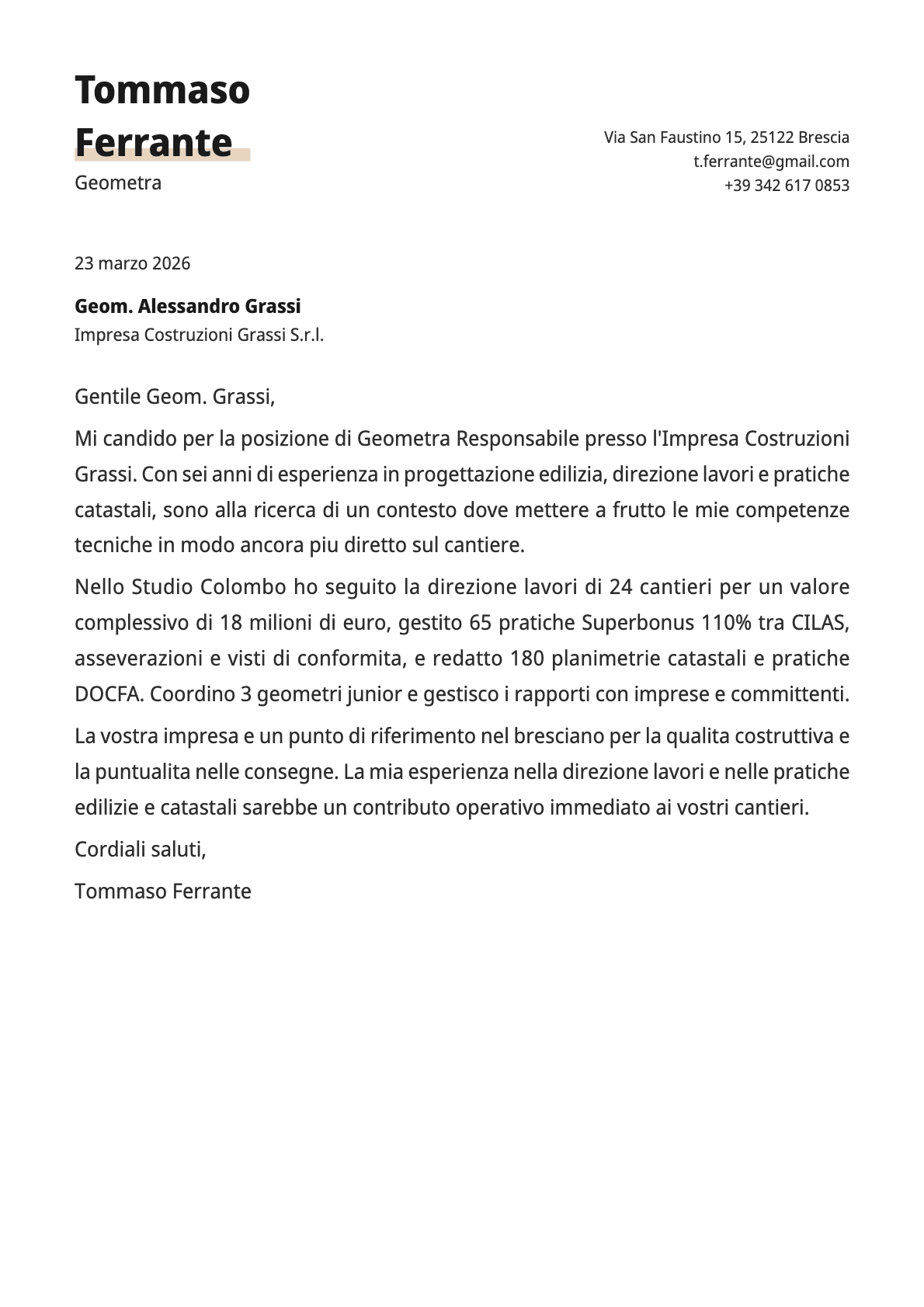 Geometra cover letter example