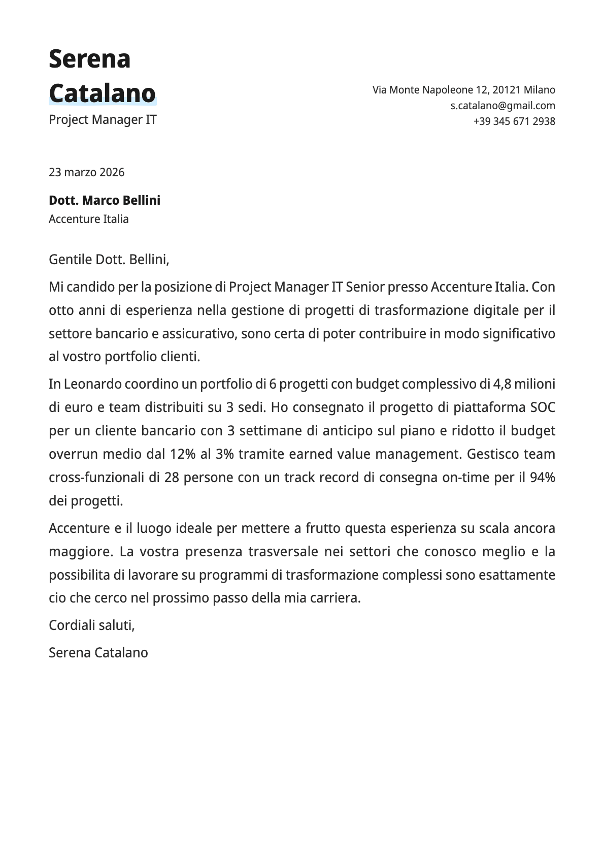 Project Manager IT cover letter example