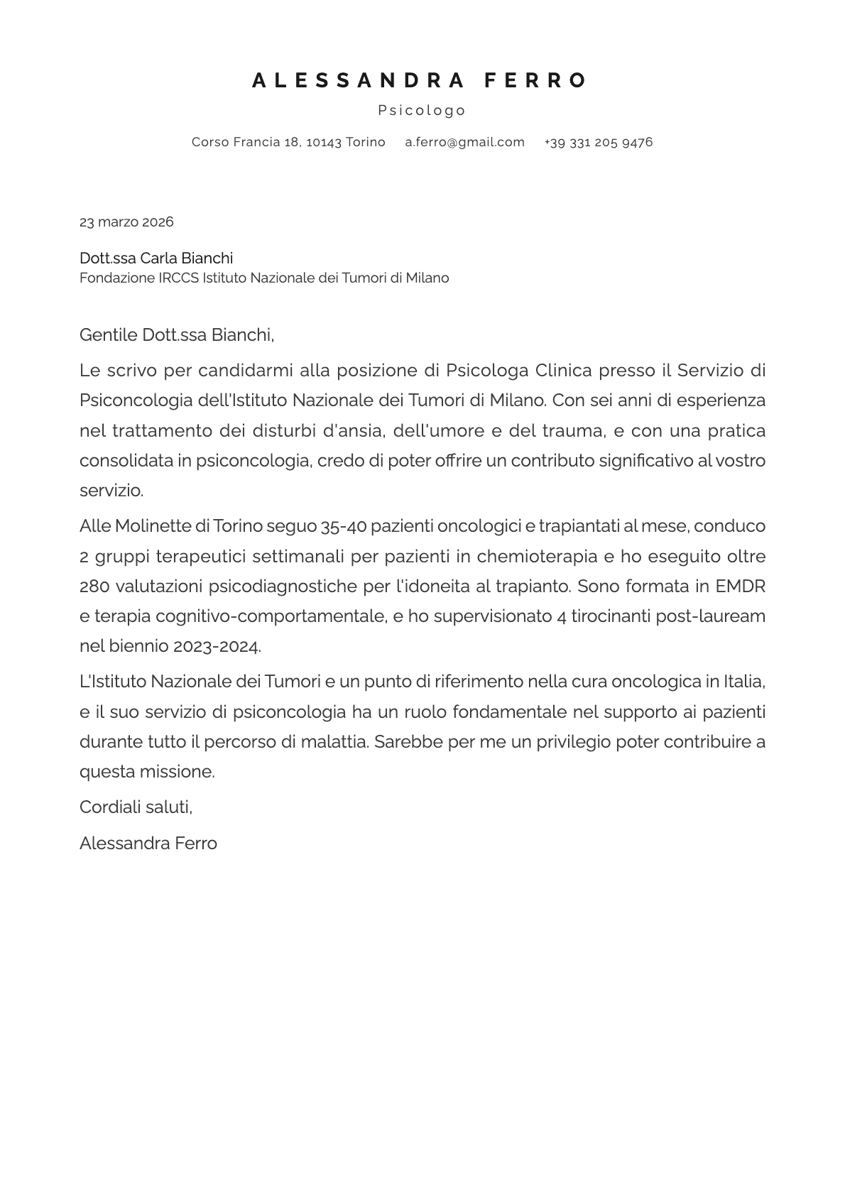 Psicologo cover letter example