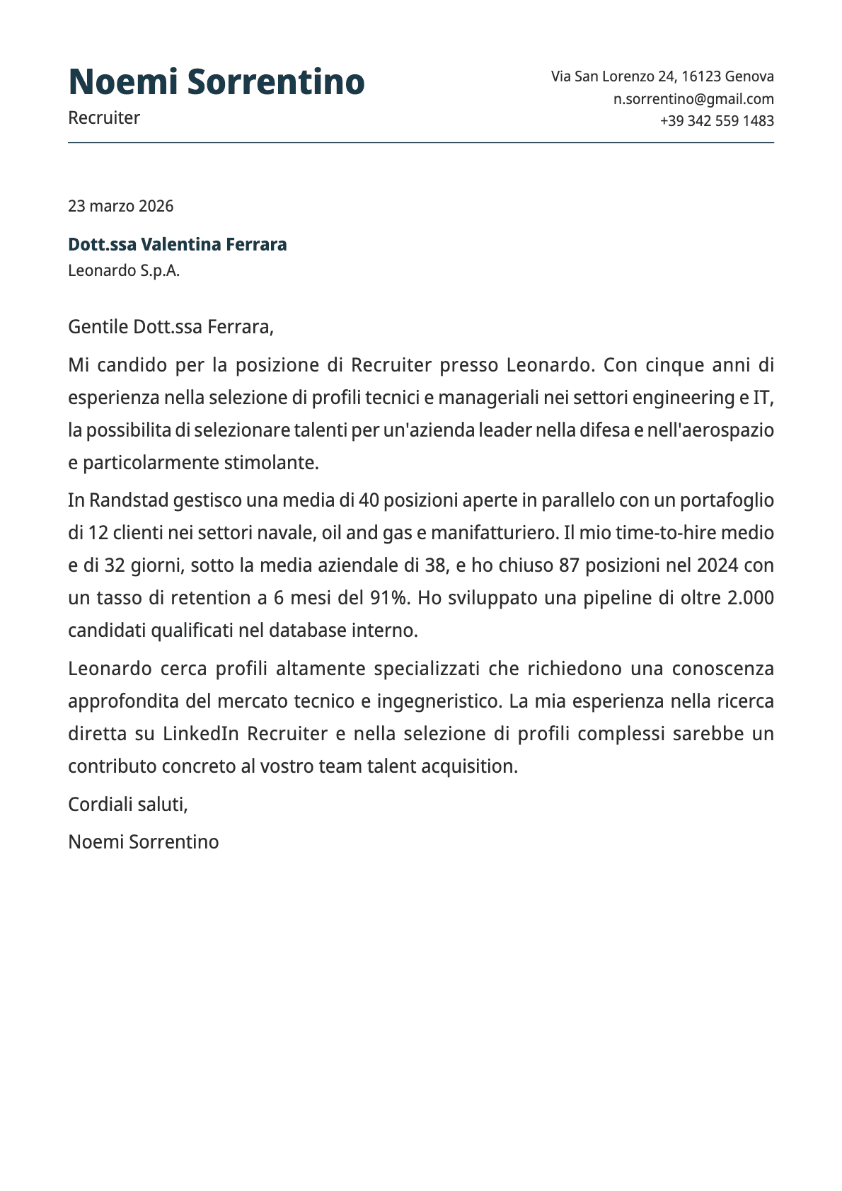 Recruiter cover letter example