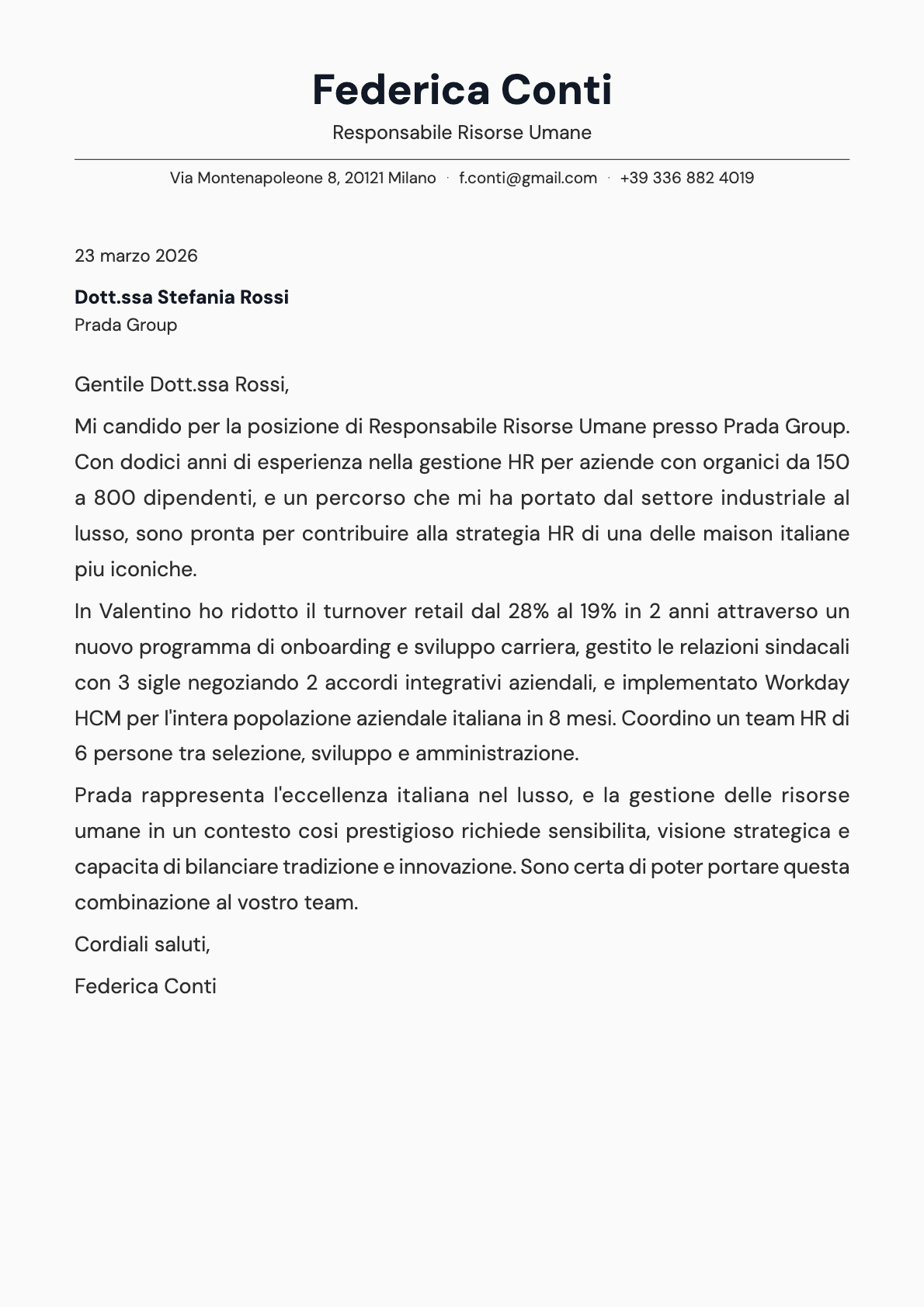 Responsabile Risorse Umane cover letter example