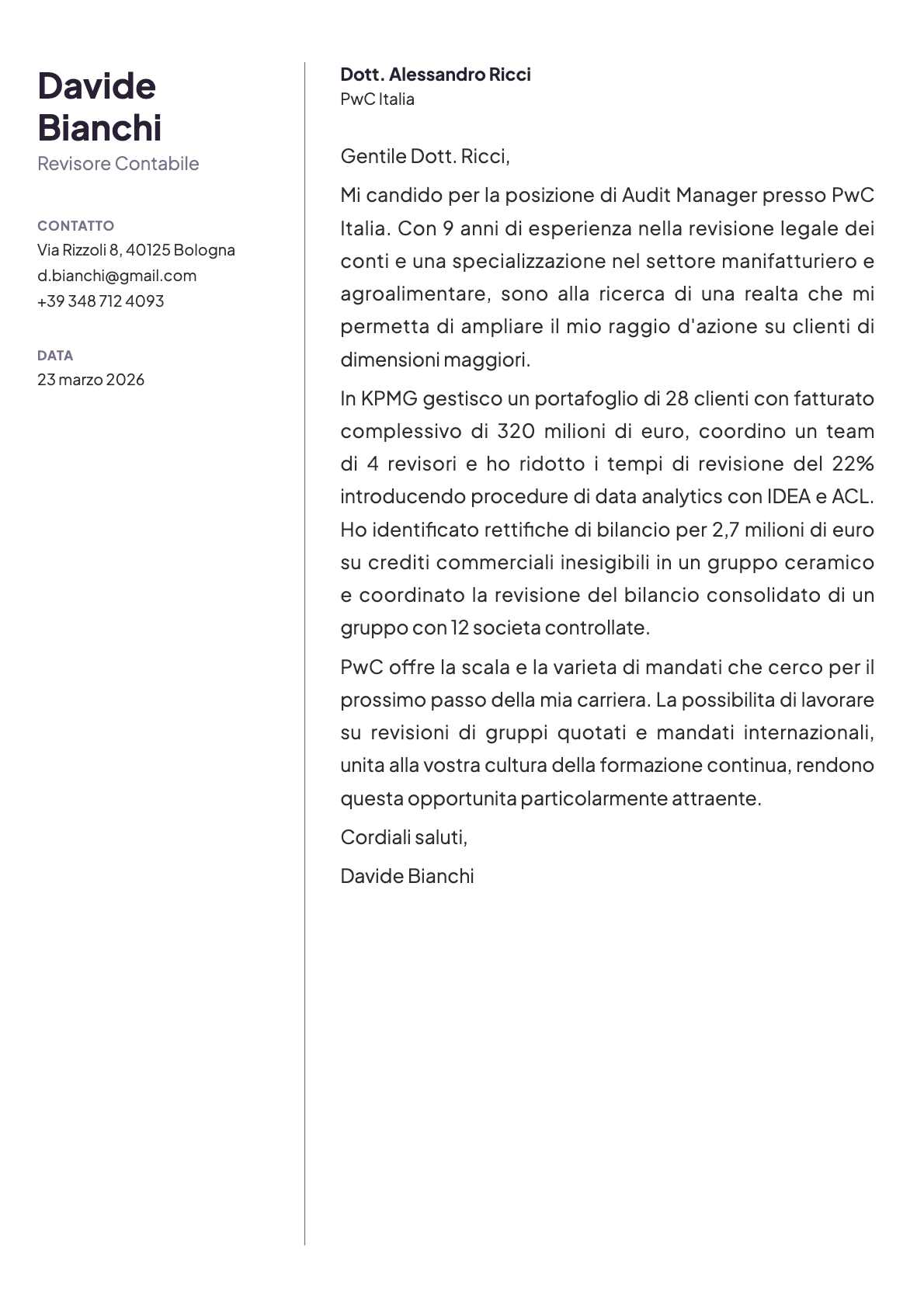 Revisore Contabile cover letter example