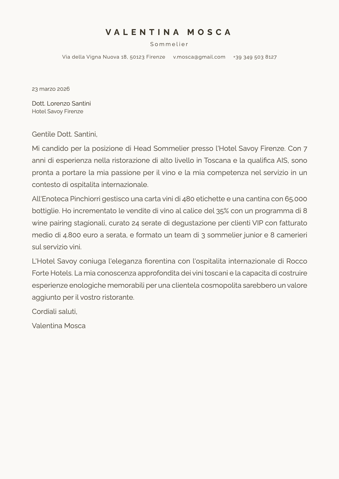 Sommelier cover letter example