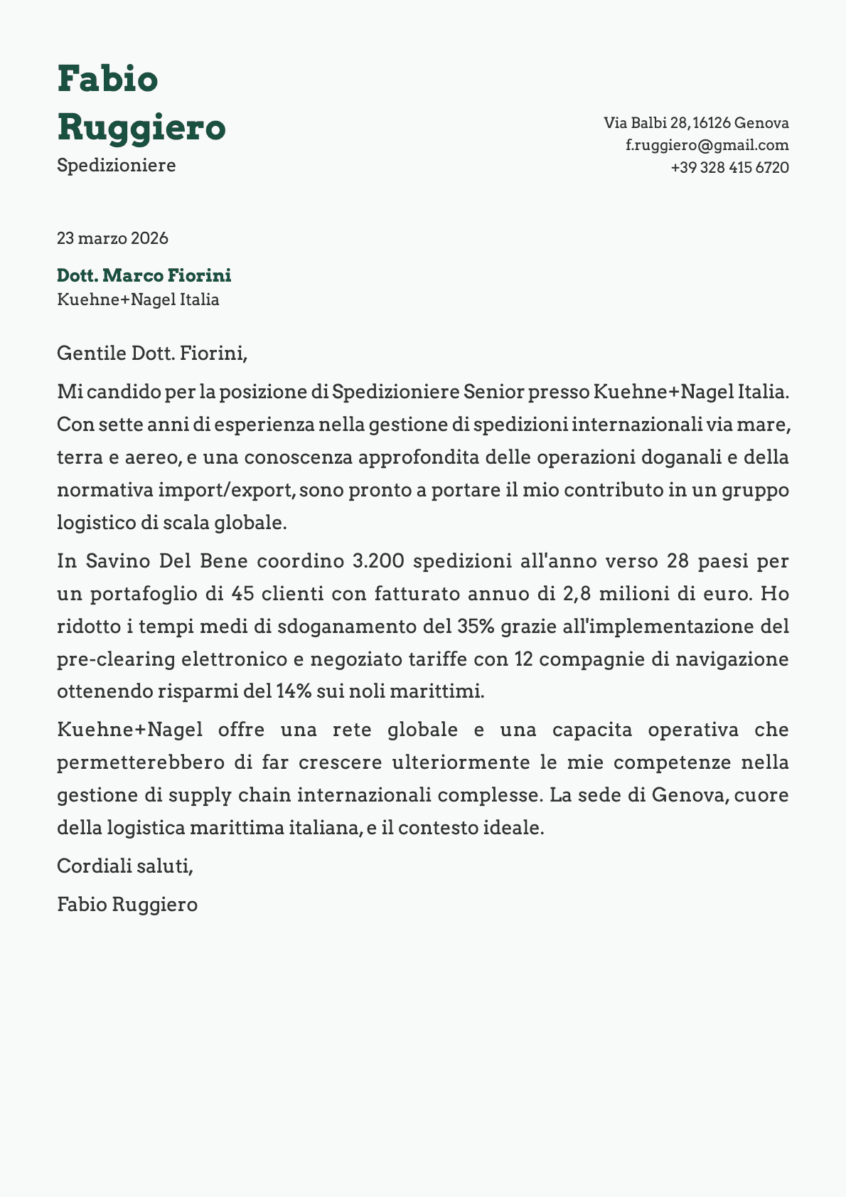 Spedizioniere cover letter example