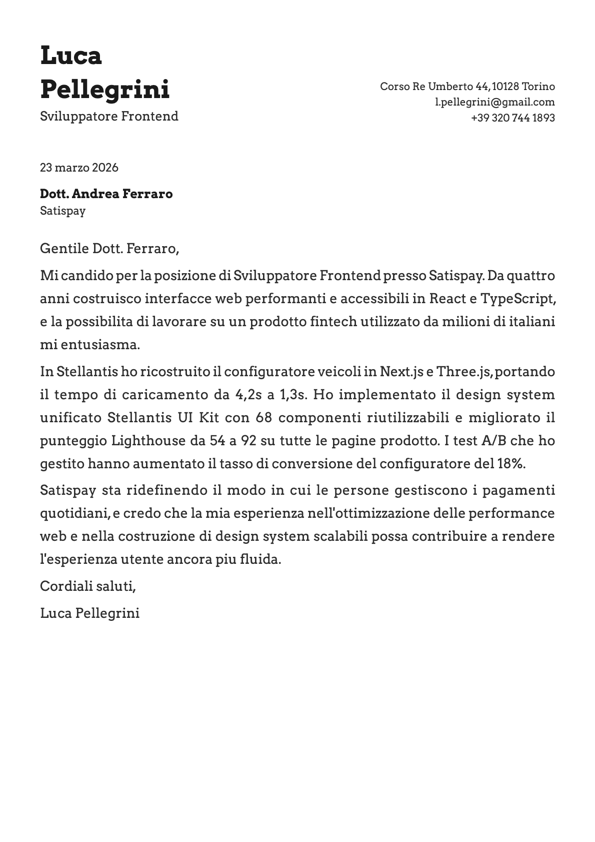 Sviluppatore Frontend cover letter example