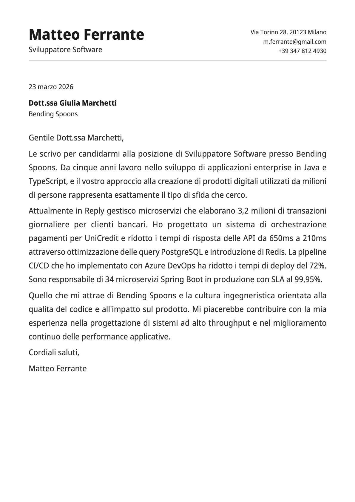Sviluppatore Software cover letter example