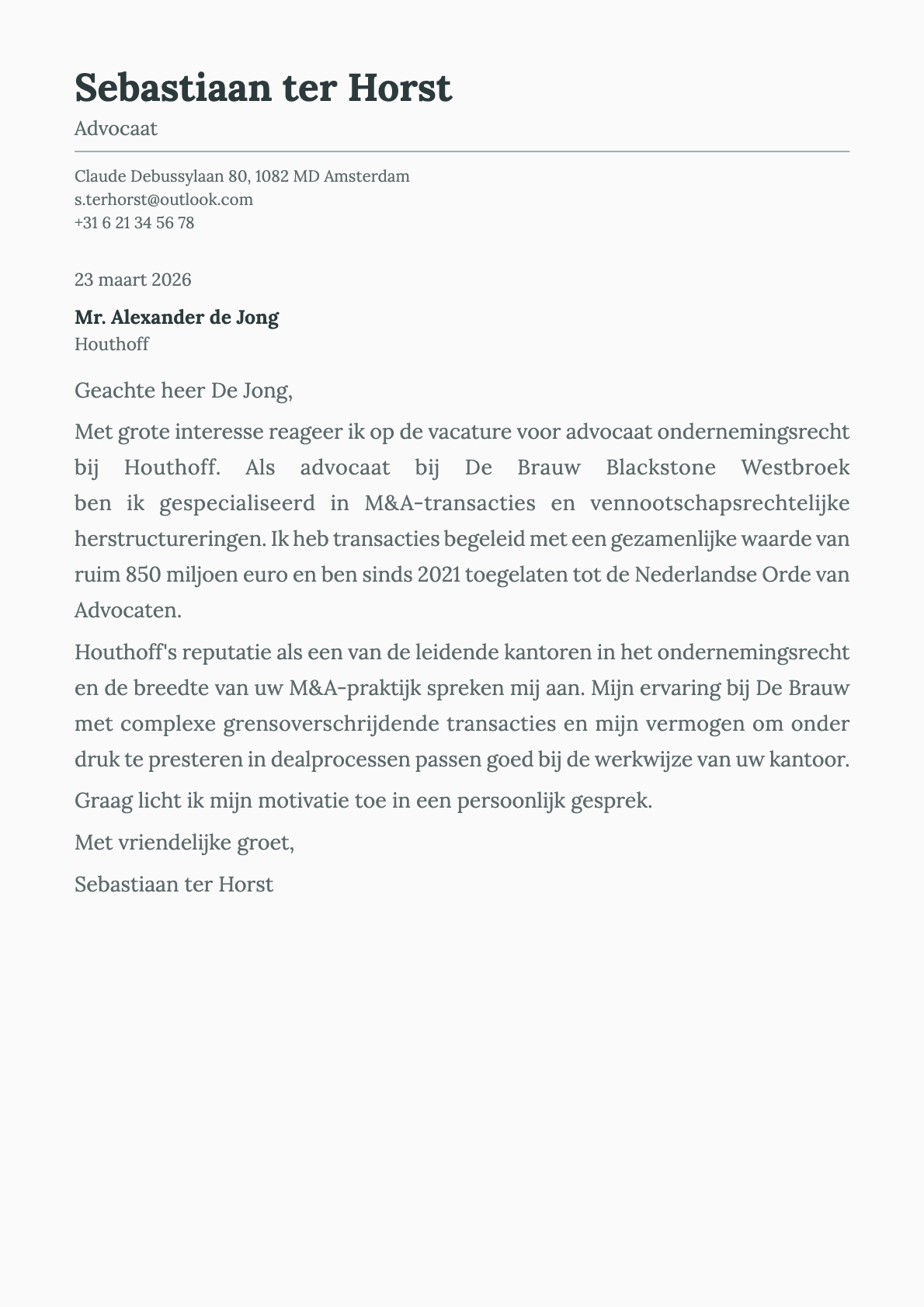 Advocaat cover letter example