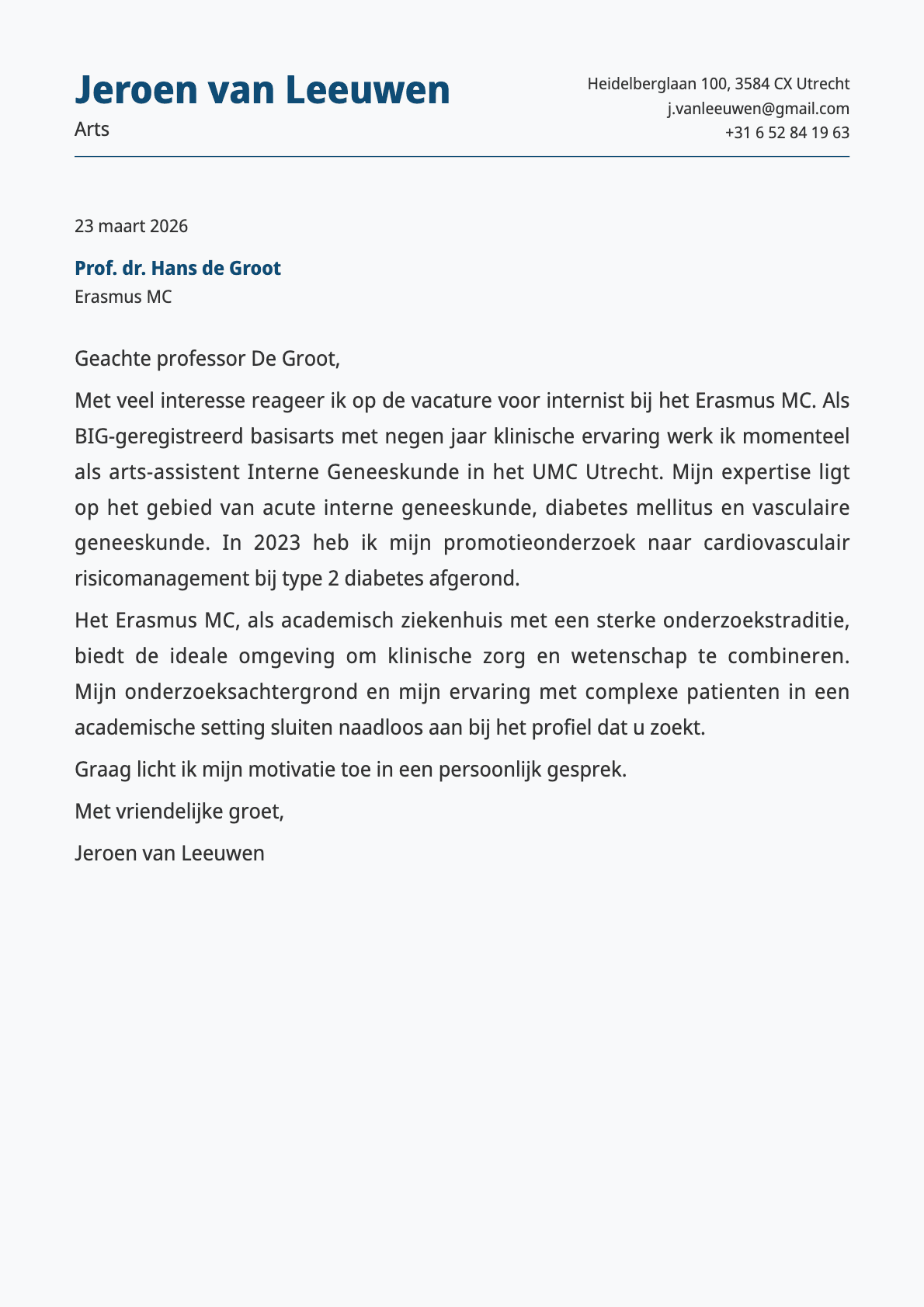 Arts cover letter example