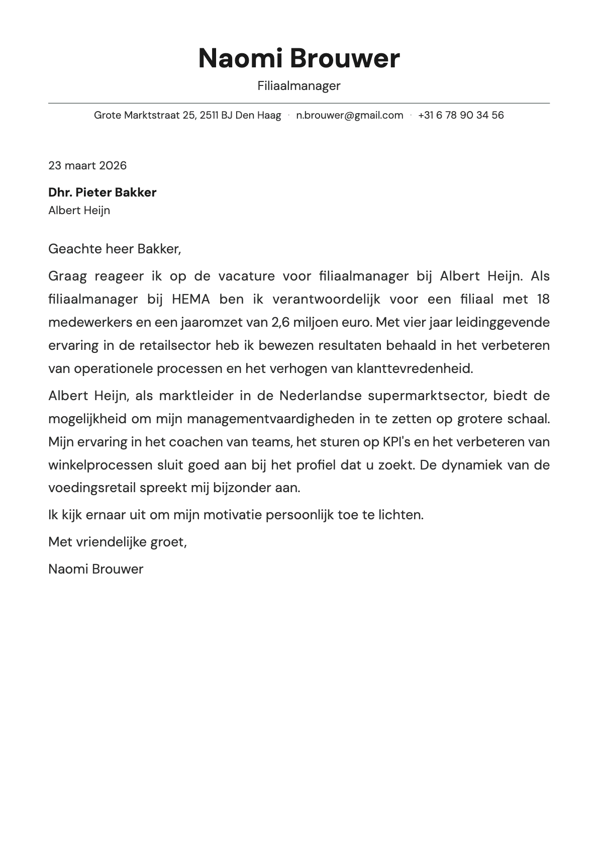 Filiaalmanager cover letter example