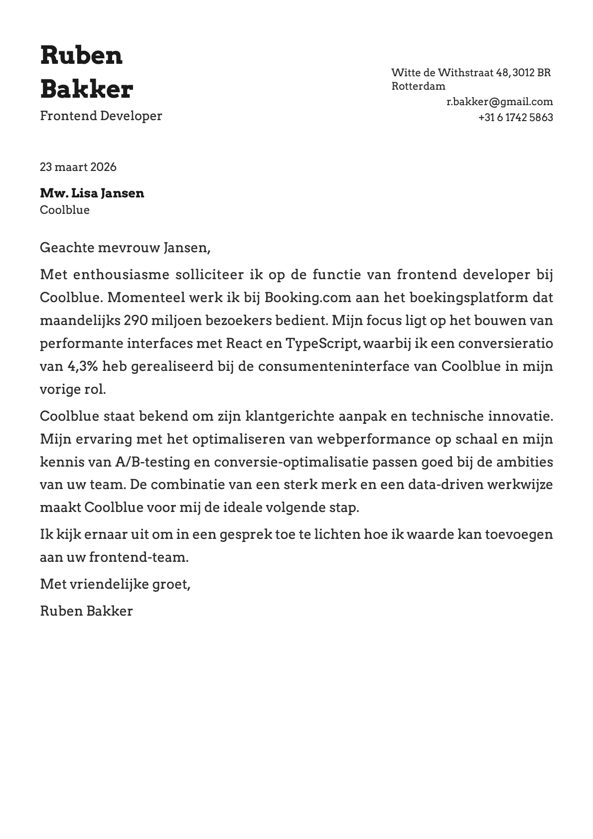 Frontend Developer cover letter example