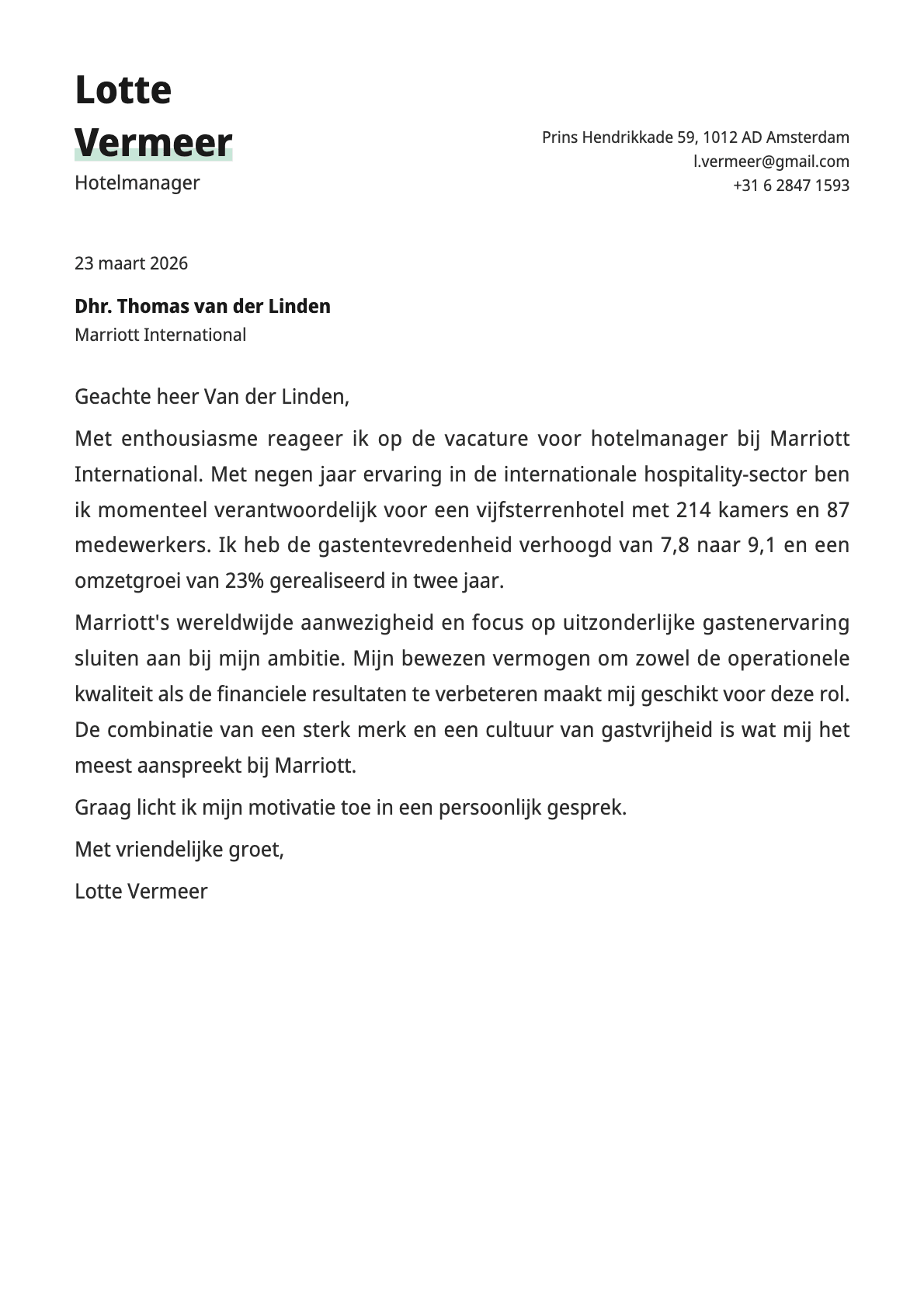 Hotelmanager cover letter example