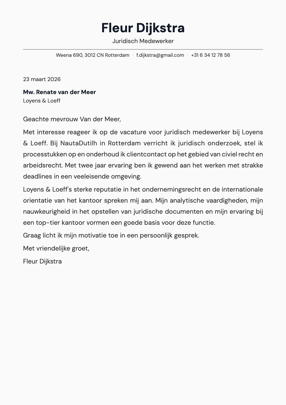 Juridisch Medewerker cover letter example