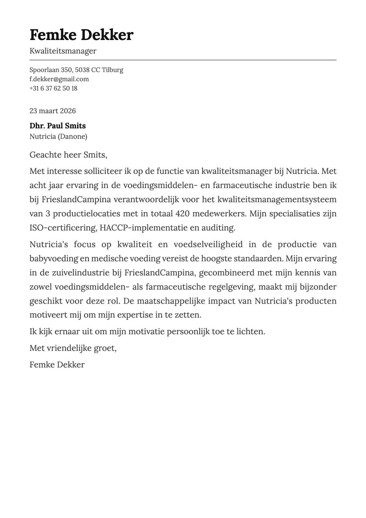 Kwaliteitsmanager cover letter example